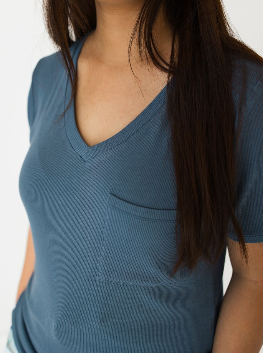 Cornflower Blue Ribbed V-Neck Pocket T-Shirt for Men & Women - Casual Comfort Fit for Everyday Wear, Work, and Outings