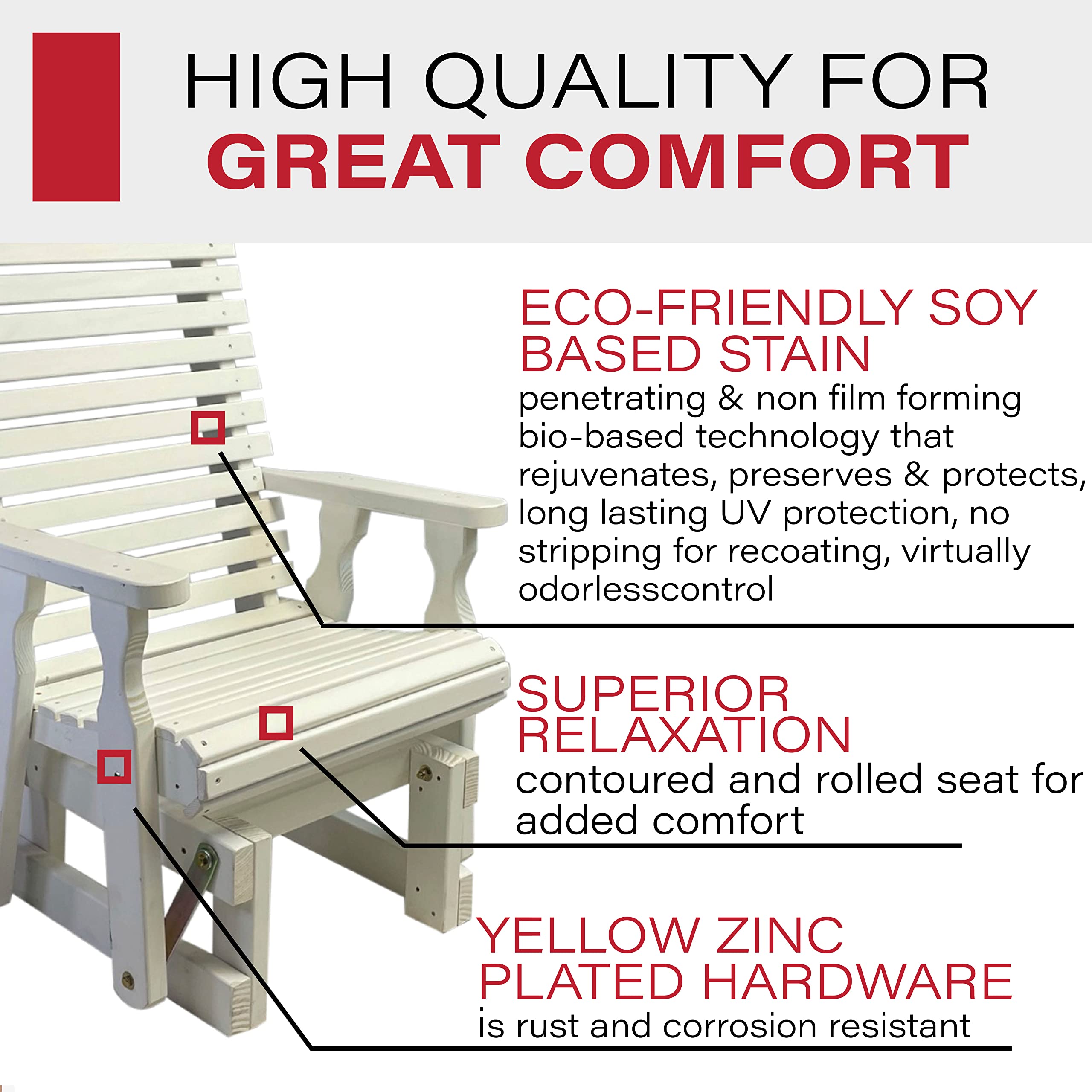 Amish Heavy Duty 600 Lb Capacity Roll Back High Back Treated Glider Chair - Semi-Solid White Stain - Durable Outdoor Rocking Chair for Patio, Porch & Garden Relaxation