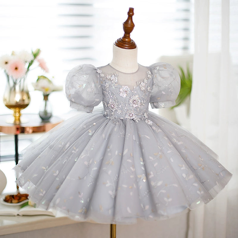 Elegant Grey Organza Flower Girl Dress - Princess Round Tea-Length for Weddings & Special Occasions