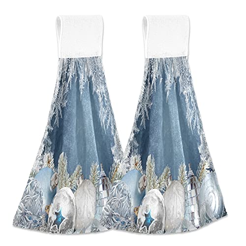 Silver Christmas Snowflake Kitchen Hand Towels - 2 Pack Super Absorbent Winter Blue Hanging Oven Towels with Loop | Dishcloth, Tea Towel & Bar Mop for Bathroom, Tabletop & Holiday Decor