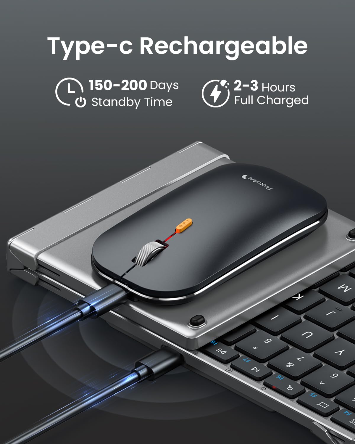 ProtoArc XKM01 Foldable Keyboard and Mouse Combo - Full-Size Wireless 2.4G/Dual Bluetooth Portable Keyboard with Mouse for Laptop, iPad, Tablet - Business & Travel Essential (Black Gray) - Perfect for Remote Work, Coffee Shops, and Airplane Tray Tables