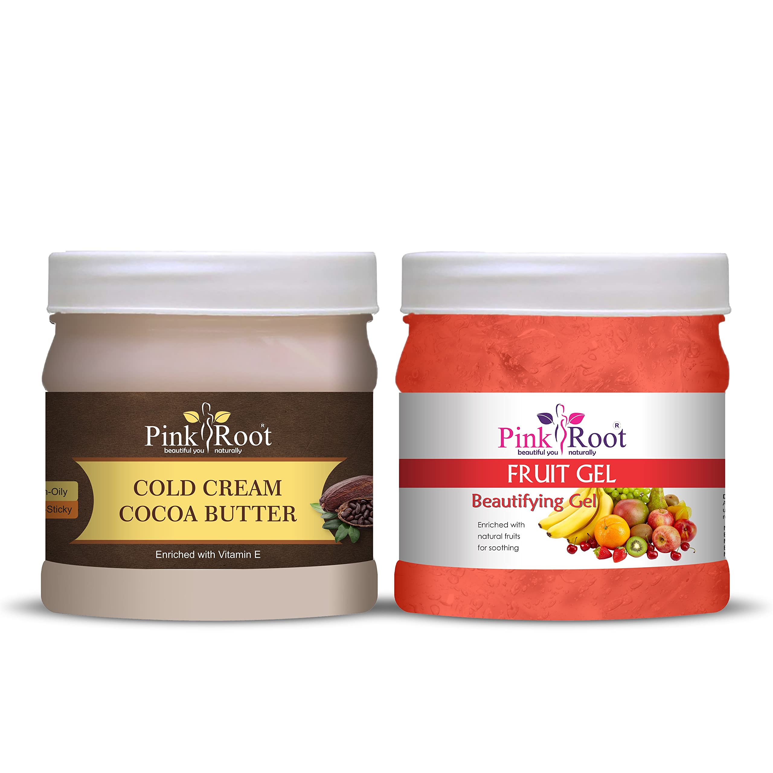 Organic Pink Root Cocoa Butter Cold Cream & Fruit Gel Set - 500gm Each for Dry Skin Care, Natural Moisturizer, Body Butter for Women & Men - Perfect for Night Routine, Massage Therapy & Spa Treatment at Home