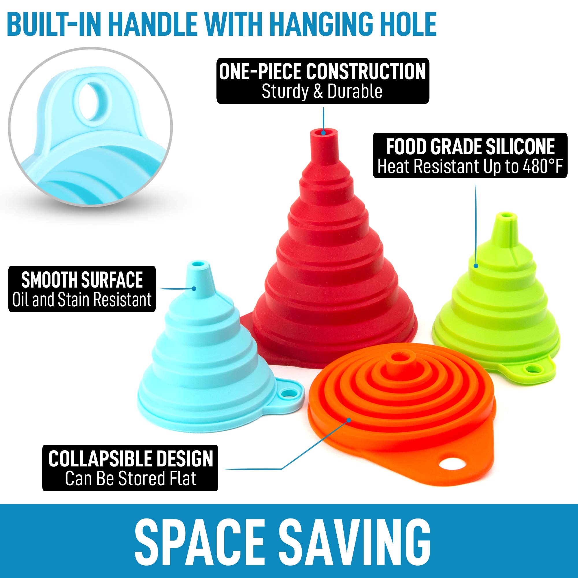 Zulay Premium Silicone Funnel Set of 4 (2 Small + 2 Large) - Collapsible Space Saving Kitchen Funnels with Narrow Mouth for Liquids, Oils, Sauces - Flexible & Durable for Bottle Filling, Baking, Canning, Home Brewing & DIY Projects