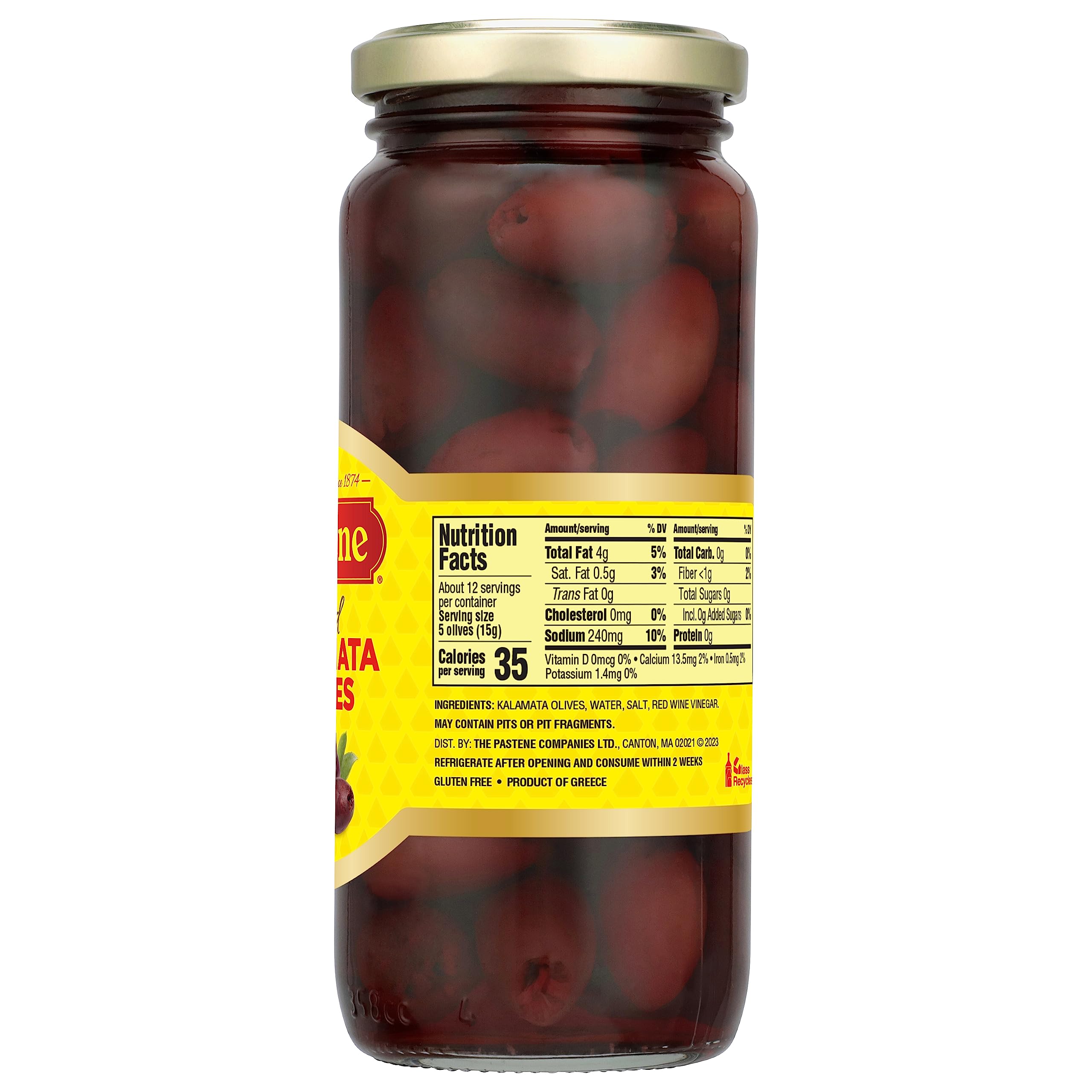Pastene Pitted Kalamata Olives - 6.5 oz Jar | Premium Greek Olives for Salads, Pasta & Charcuterie Boards | Imported Mediterranean Gourmet Food