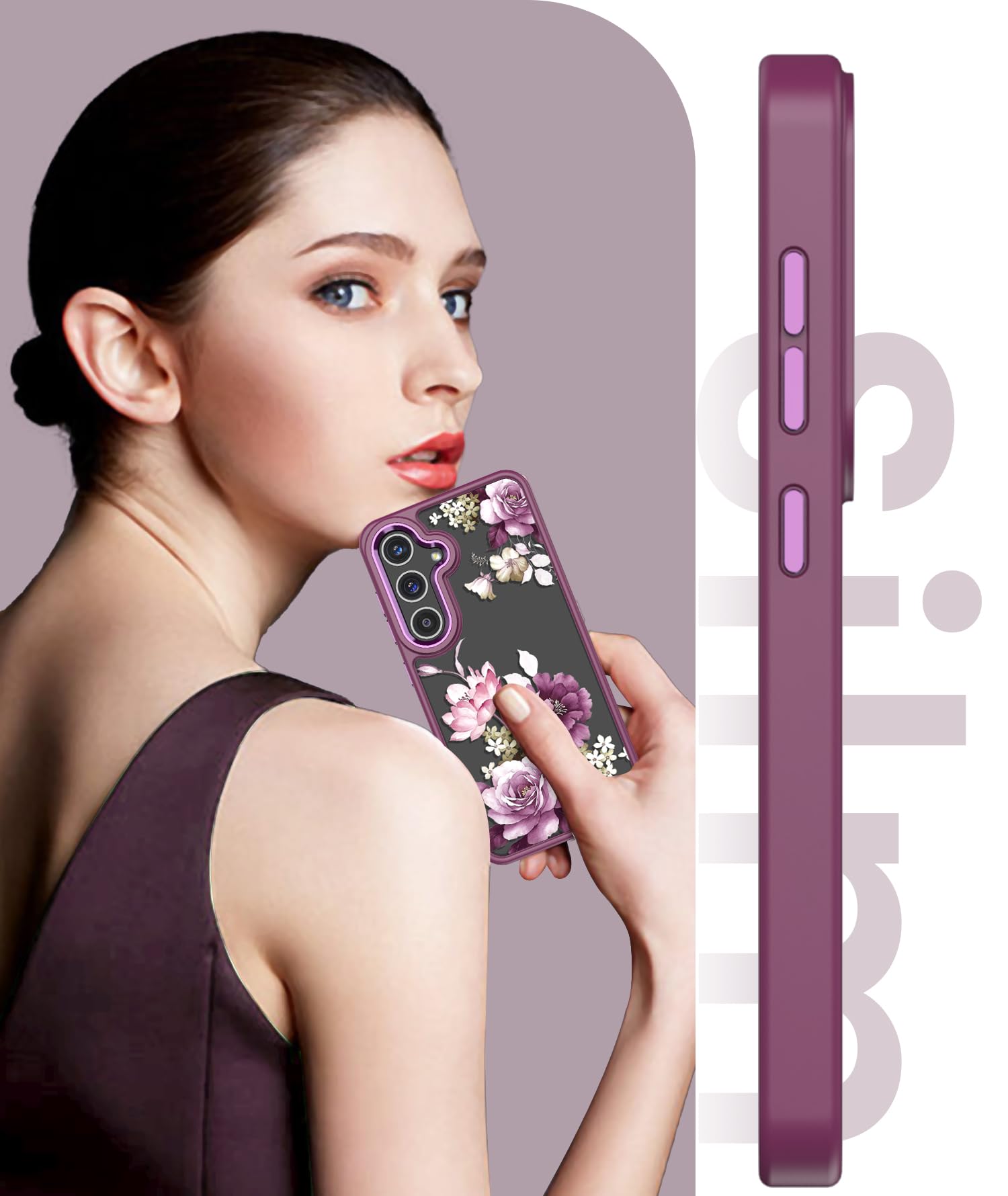 Samsung Galaxy S24 Plus Case with Tempered Glass Screen Protector | Military Grade Protective Cover for Galaxy S24+ 5G | Slim Soft TPU & Hard PC Hybrid Design | Crystal Clear Flower Pattern Purple Case for Women | Perfect for Daily Use, Travel & Outdoor Protection