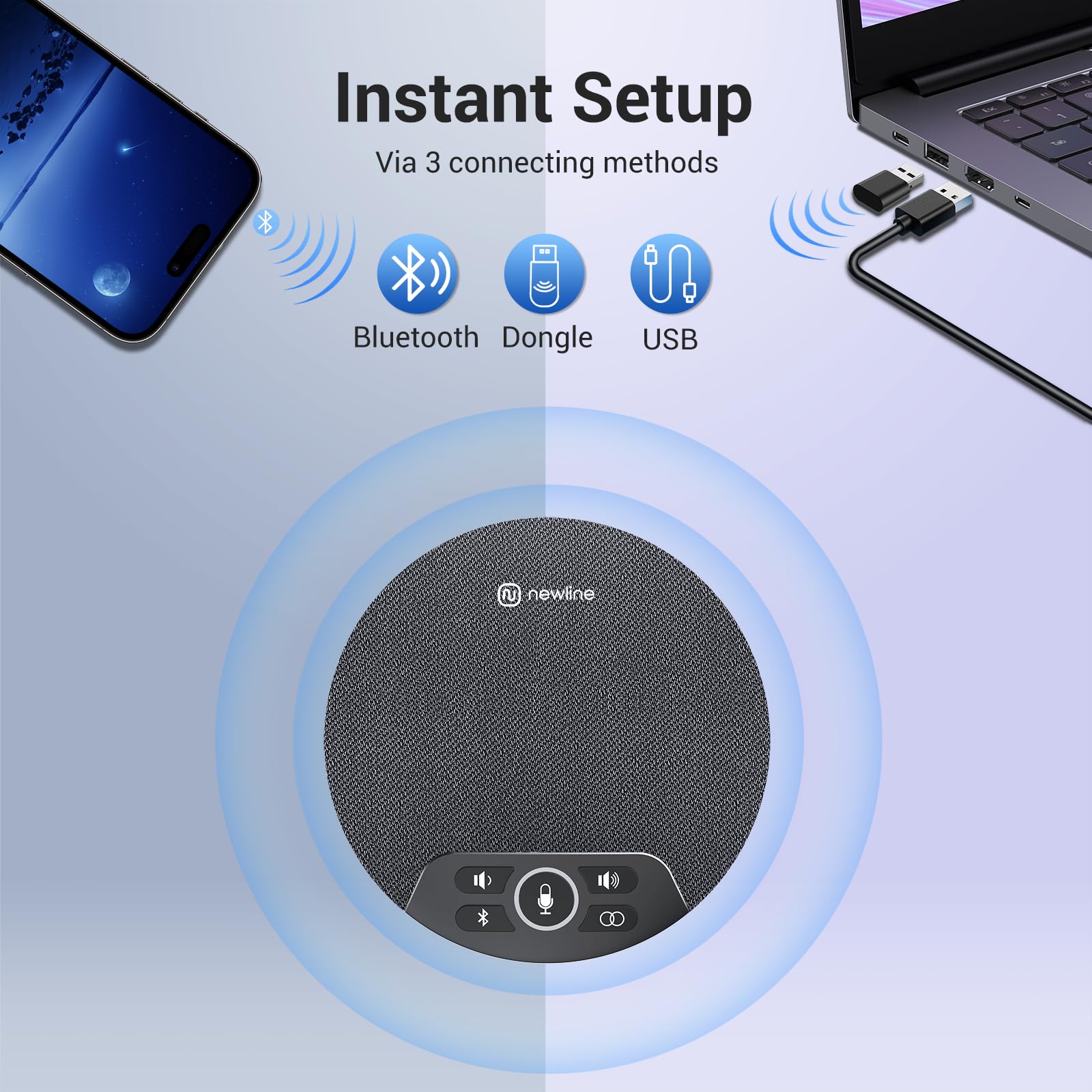 NewPie 91 Conference Speaker and Microphone - 4 AI Mics with 360° Voice Pickup, Plug & Play Bluetooth Speakerphone with Dongle, Wireless Daisy Chaining & Noise Reduction - Perfect for Business Meetings, Home Office & Remote Work