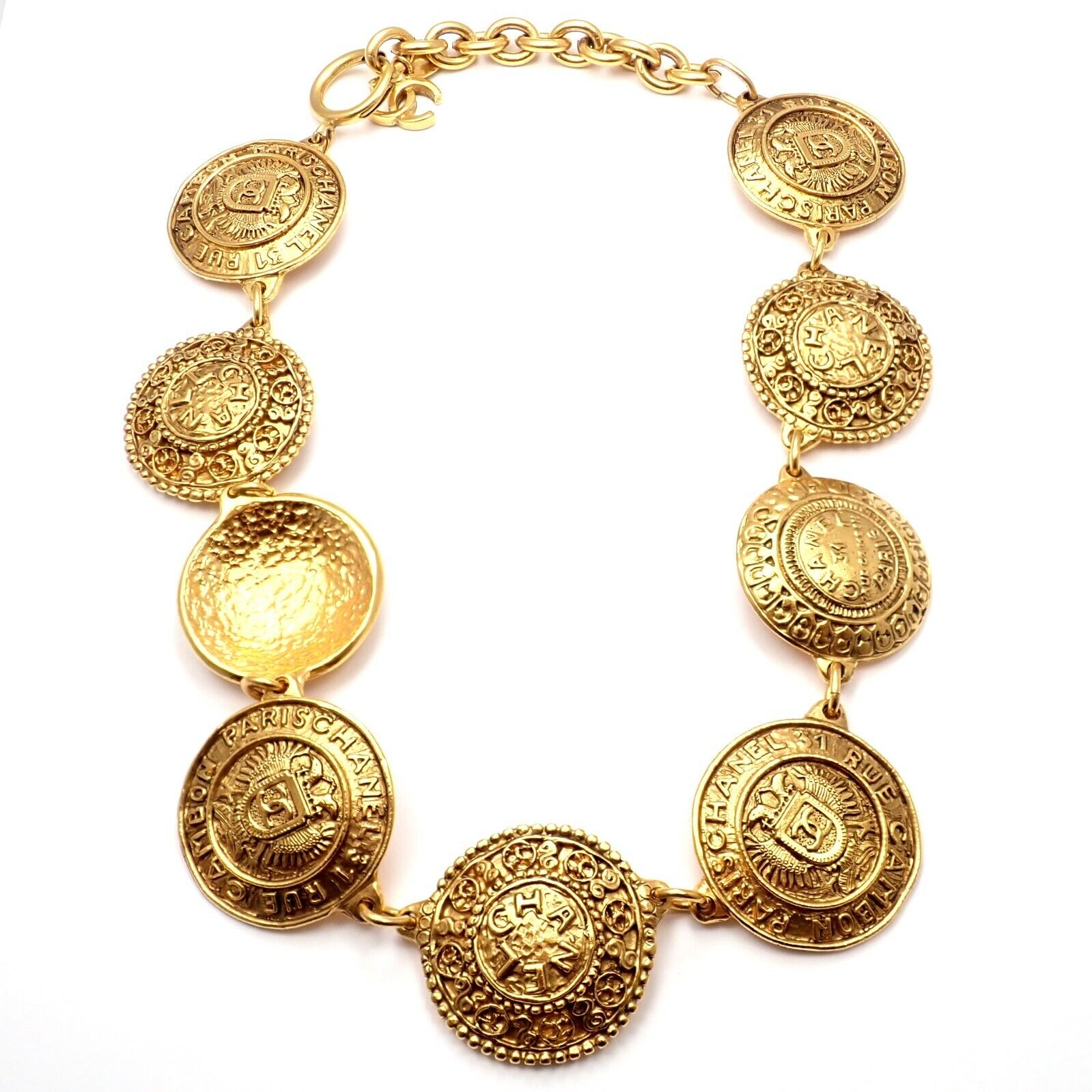 Authentic Vintage Chanel Gold Tone CC Logo 9 Disc Motif Necklace - Perfect for Elegant Evening Wear & Luxury Fashion Accessories