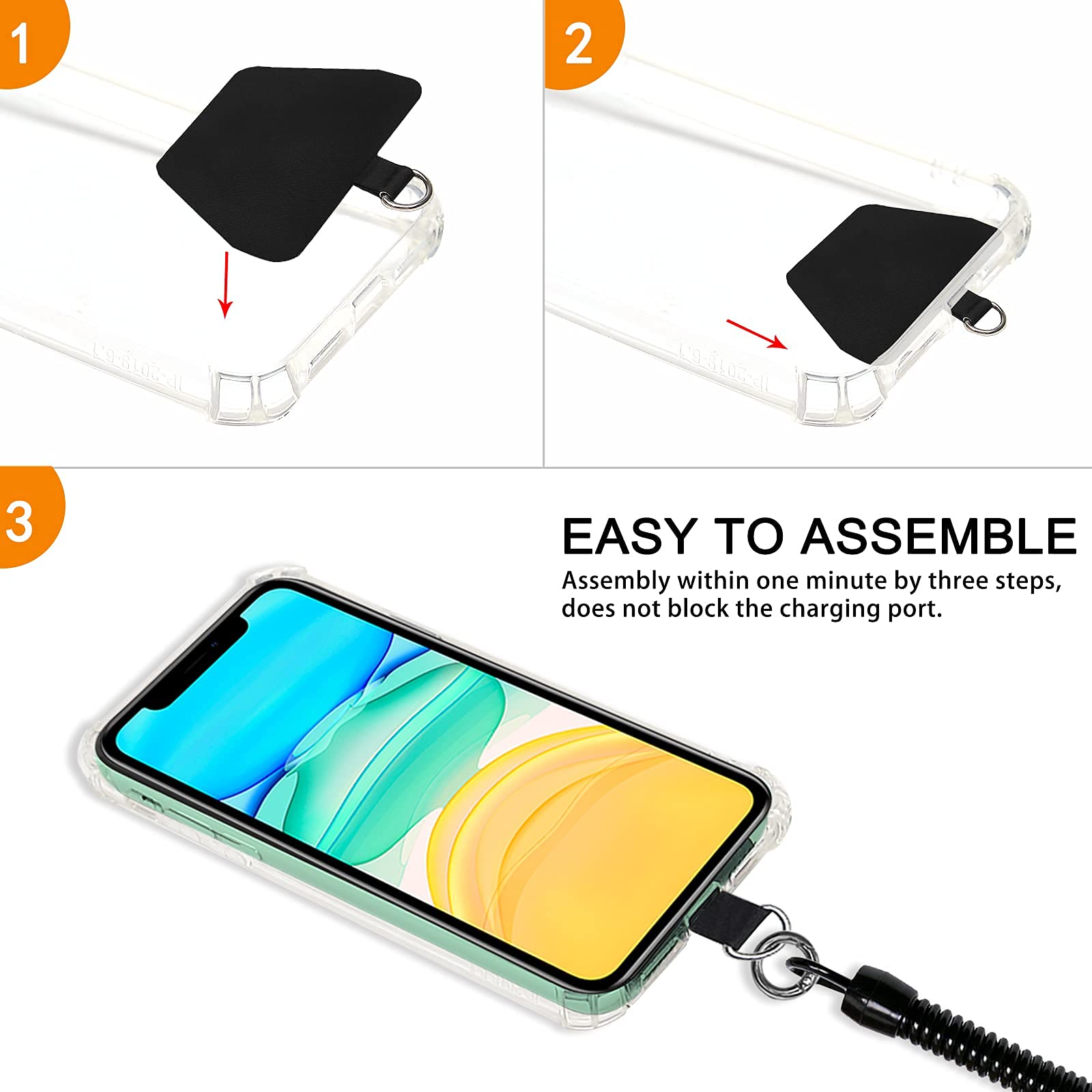 Takyu 2 Pack Cell Phone Lanyard with 4 Detachable Fabric Pads & Carabiner - Universal Phone Tether for Most Smartphones with Full Coverage Cases (Black) - Perfect for Work, Travel, and Outdoor Activities