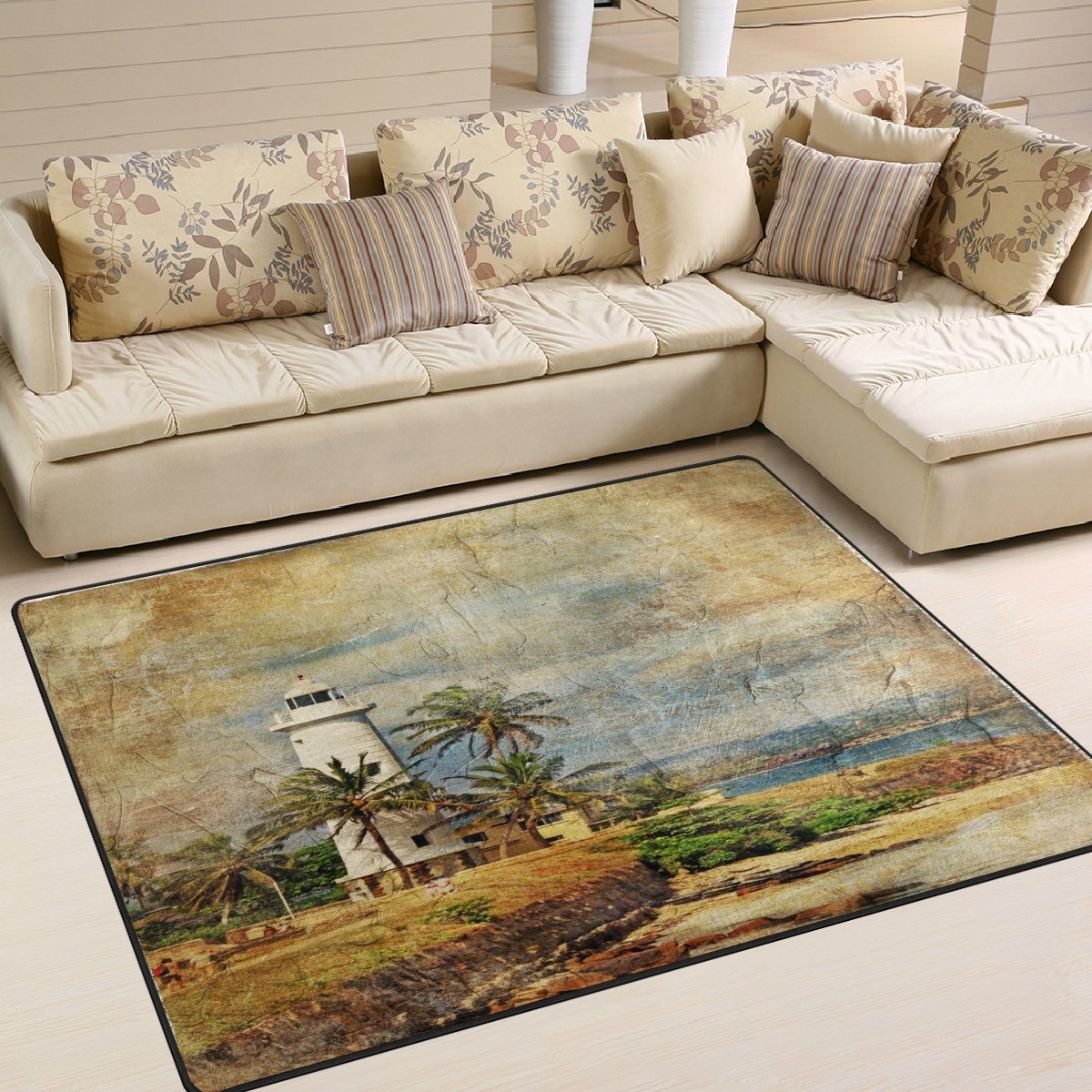ALAZA Vintage Lighthouse Palm Tree Ocean Area Rug 5'3