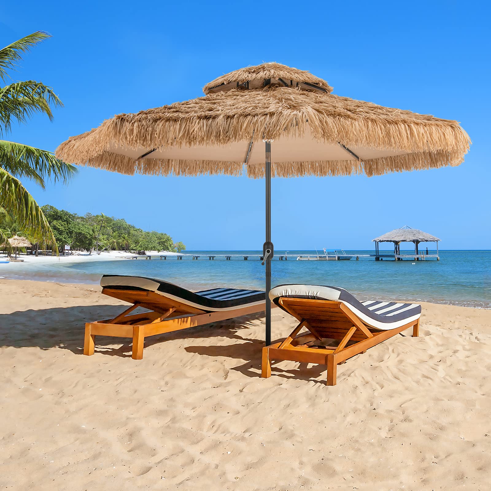 Tangkula 10ft Hawaiian-Style Thatched Patio Umbrella with 32 LED Lights & Solar Center Light - 2-Tier Tiki Umbrella, 8 Ribs, Tilt Adjustment, Manual Crank for Backyard, Poolside, Deck, Beach & Outdoor Parties