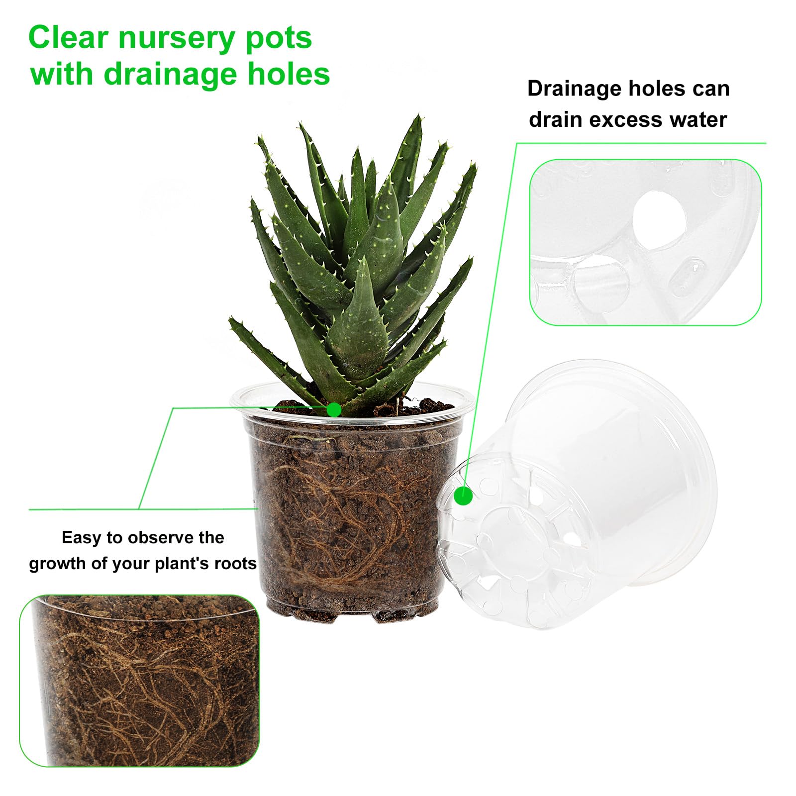 JERIA 30 Pack 5/4/3.5 Inch Clear Plastic Plant Pots with Drainage Holes - Transparent Nursery Pots for Succulents, Seed Starting, Indoor Gardening - Perfect for Home Decor, Plant Propagation & Greenhouse Use