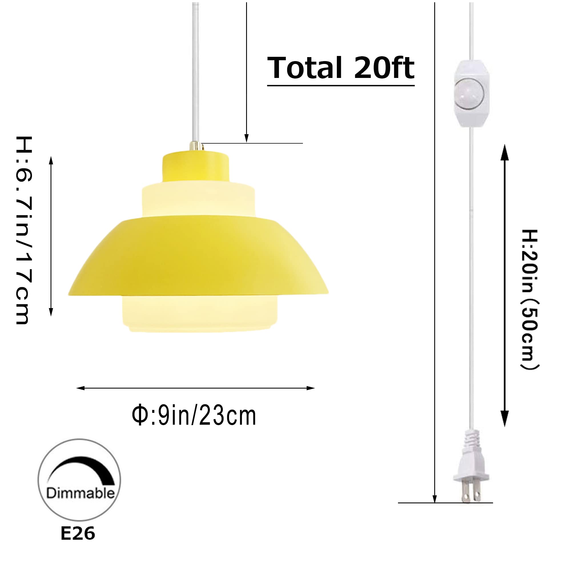 20ft Plug-in Acrylic Handle Pendant Light with UL Dimmer Switch - Macaron Neon Yellow Lampshade, Nordic Minimalist Loft Style for Living Room, Bedroom, Dining Room (Bulbs Not Included) - Perfect for Modern Home Decor and Cozy Ambiance Lighting