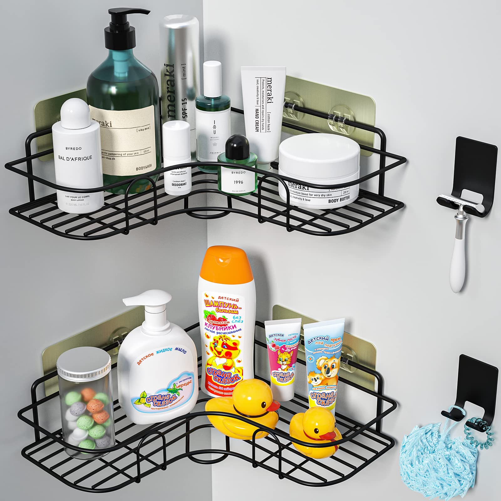 **WeeProp Rust-Proof Adhesive Shower Caddy & Organizer with Hooks – No Drilling Bathroom Storage Shelf for Shower, Toilet & Kitchen (2-Pack, Black) – Perfect for Small Spaces & Clutter-Free Bathrooms**
