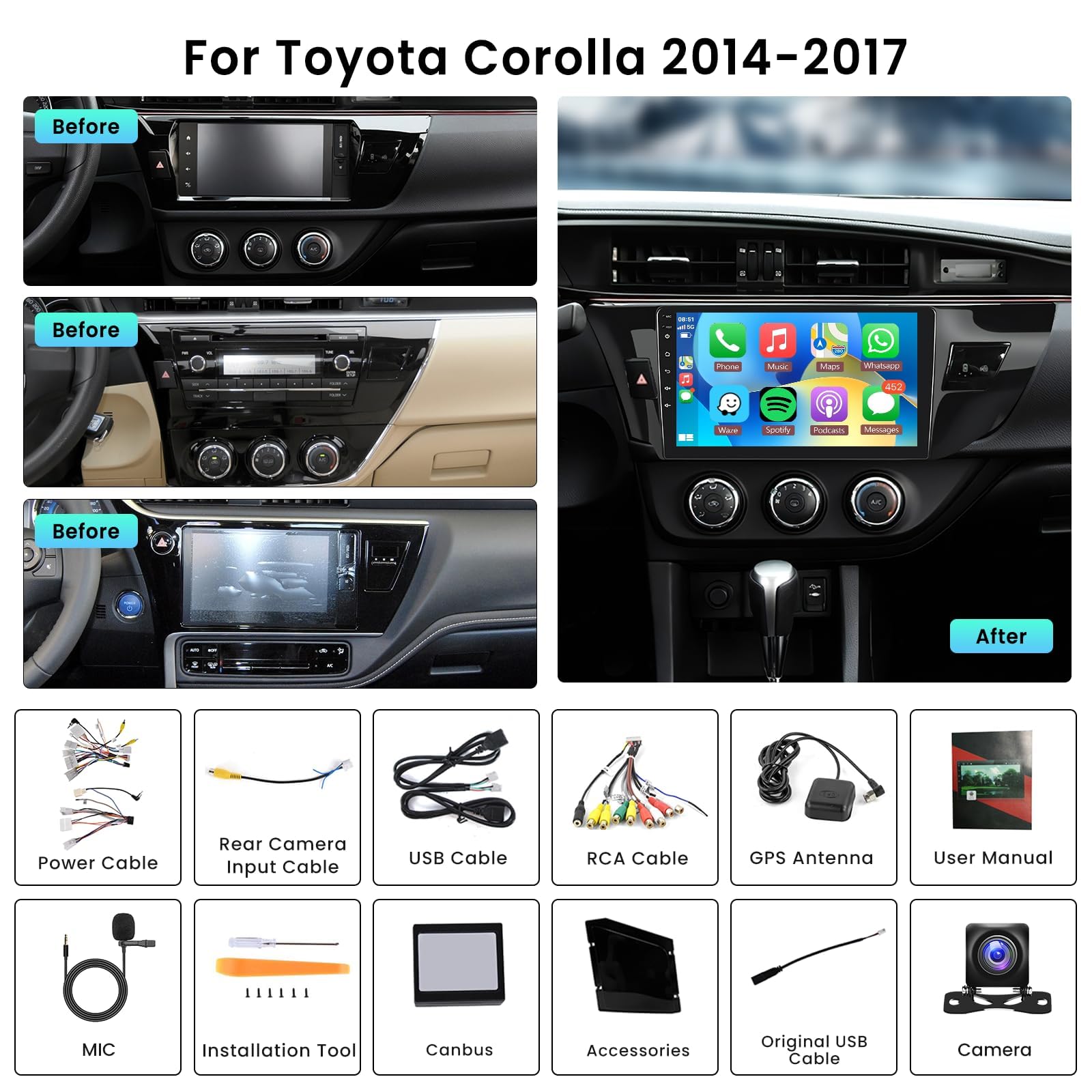 2G 64G Android Car Stereo for Toyota Corolla 2014-2017 - 10.1 Inch Touch Screen with Apple CarPlay, Android Auto, Bluetooth, GPS, WiFi, FM/RDS & Backup Camera | Rimoody Car Radio for Seamless Navigation & Entertainment | Perfect for Commuting, Road Trips & Hands-Free Driving