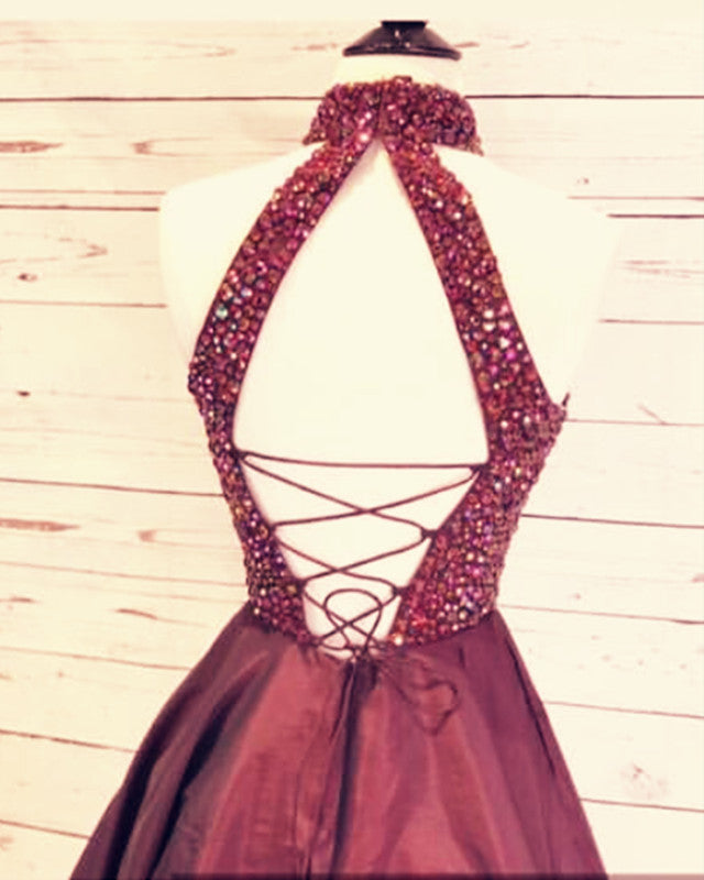 Elegant Crystal Beaded High Neck Open Back Satin Homecoming Dress for Prom, Evening Gala & Special Occasions