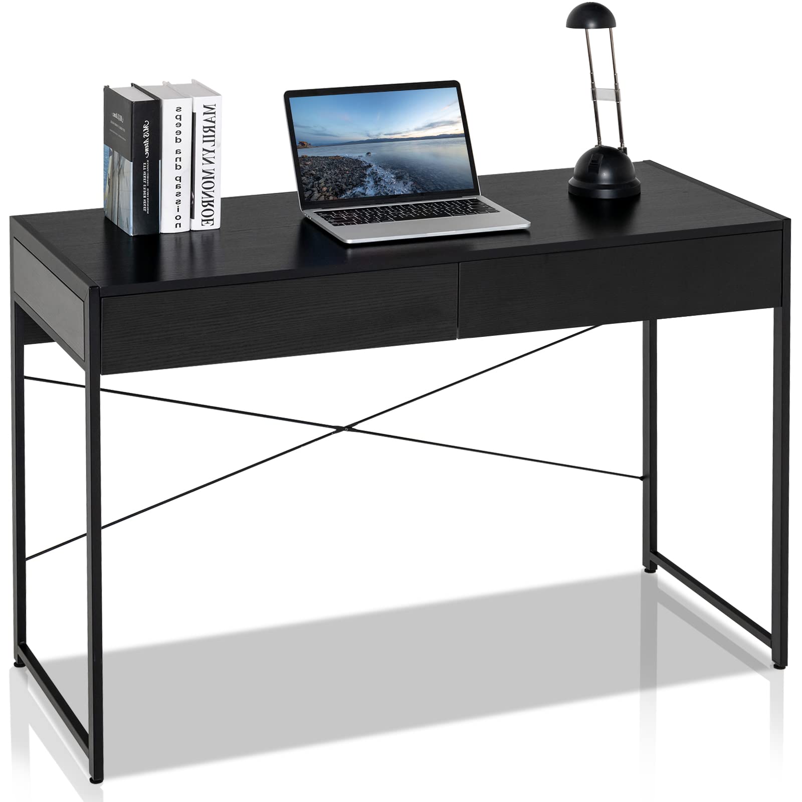 GOFLAME 44 Inch Computer Desk with 2 Storage Drawers - Sturdy Steel Frame Home Office Desk, Study Writing Workstation & Makeup Vanity Table for Living Room, Bedroom & Home Office - Perfect for Remote Work, Online Classes & Small Space Organization (Black)