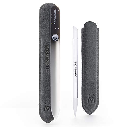 Premium Czech Crystal Glass Cuticle Pusher & Black Nail File Set in Suede Leather Case – Professional Manicure Tools for Salon & Home Use – Handmade Cuticle Stick & Callus Remover – Perfect for Nail Care, Pedicures & DIY Manicures