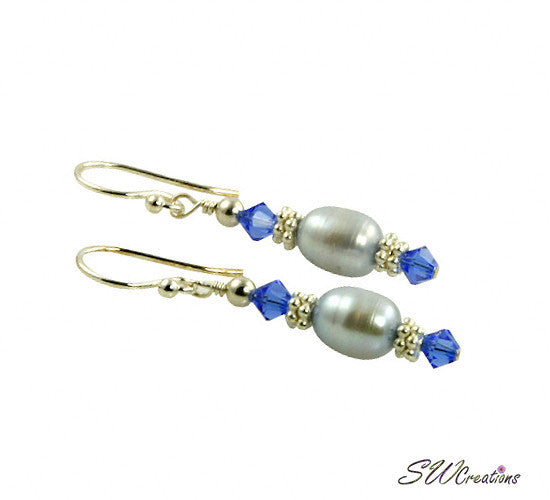 Sapphire Blue Crystal Pearl Beaded Earrings for Women - Elegant Dangle Drop Earrings for Party, Wedding & Special Occasions
