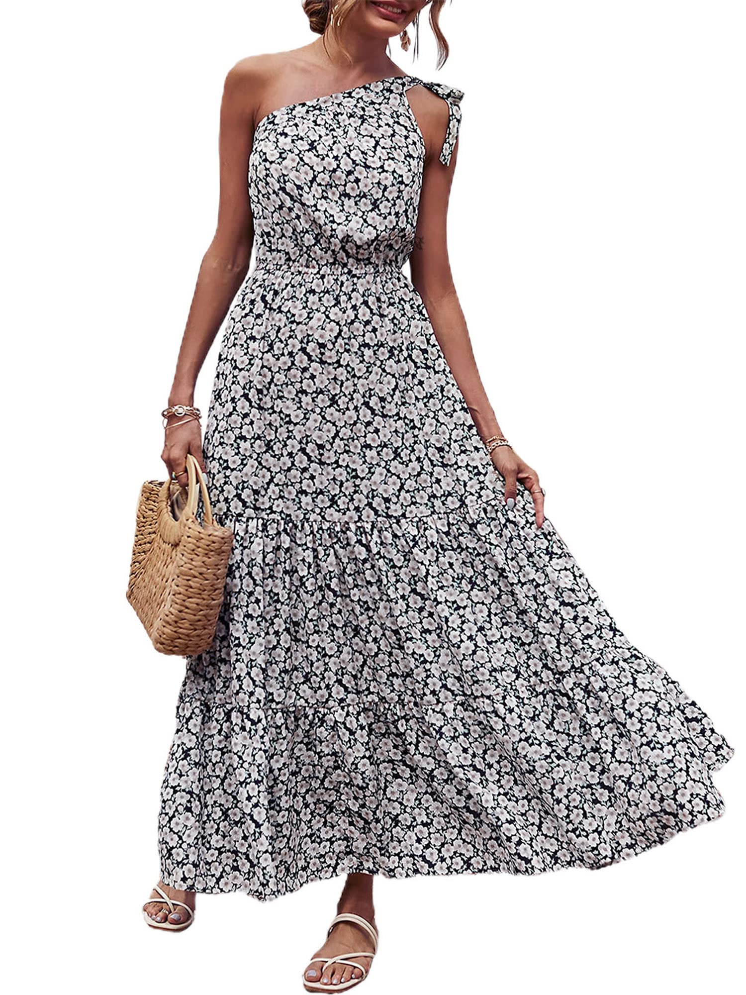Elyincii Women's One Shoulder Sleeveless Boho Long Dress - Sexy Cold Shoulder Beach Swing Dress for Summer Vacation, Party & Date Night