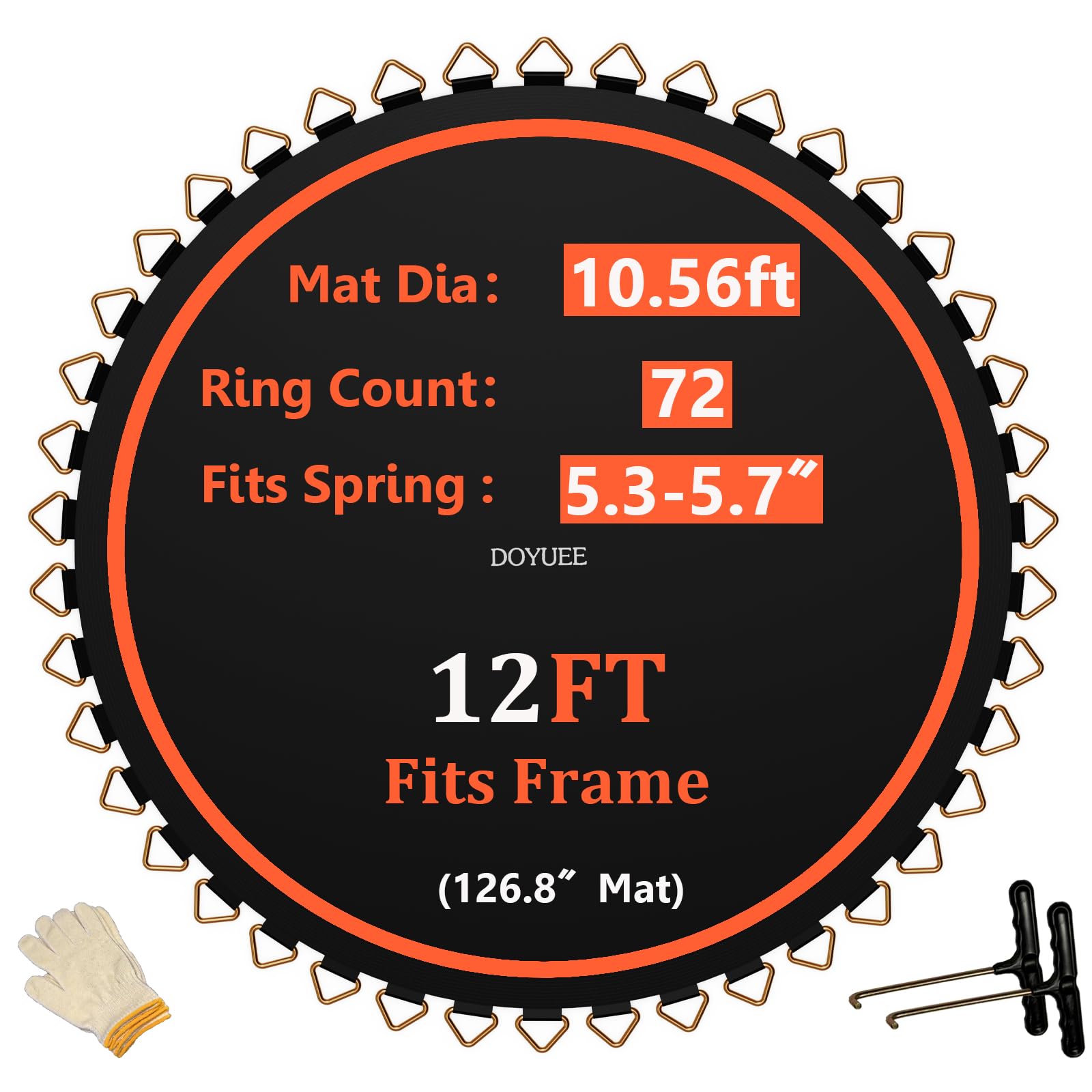 12FT Trampoline Replacement Mat - Heavy Duty 126.8in/10.56ft Diameter with 72 V-Rings - Compatible with 12FT Trampoline Frames Using 5.3