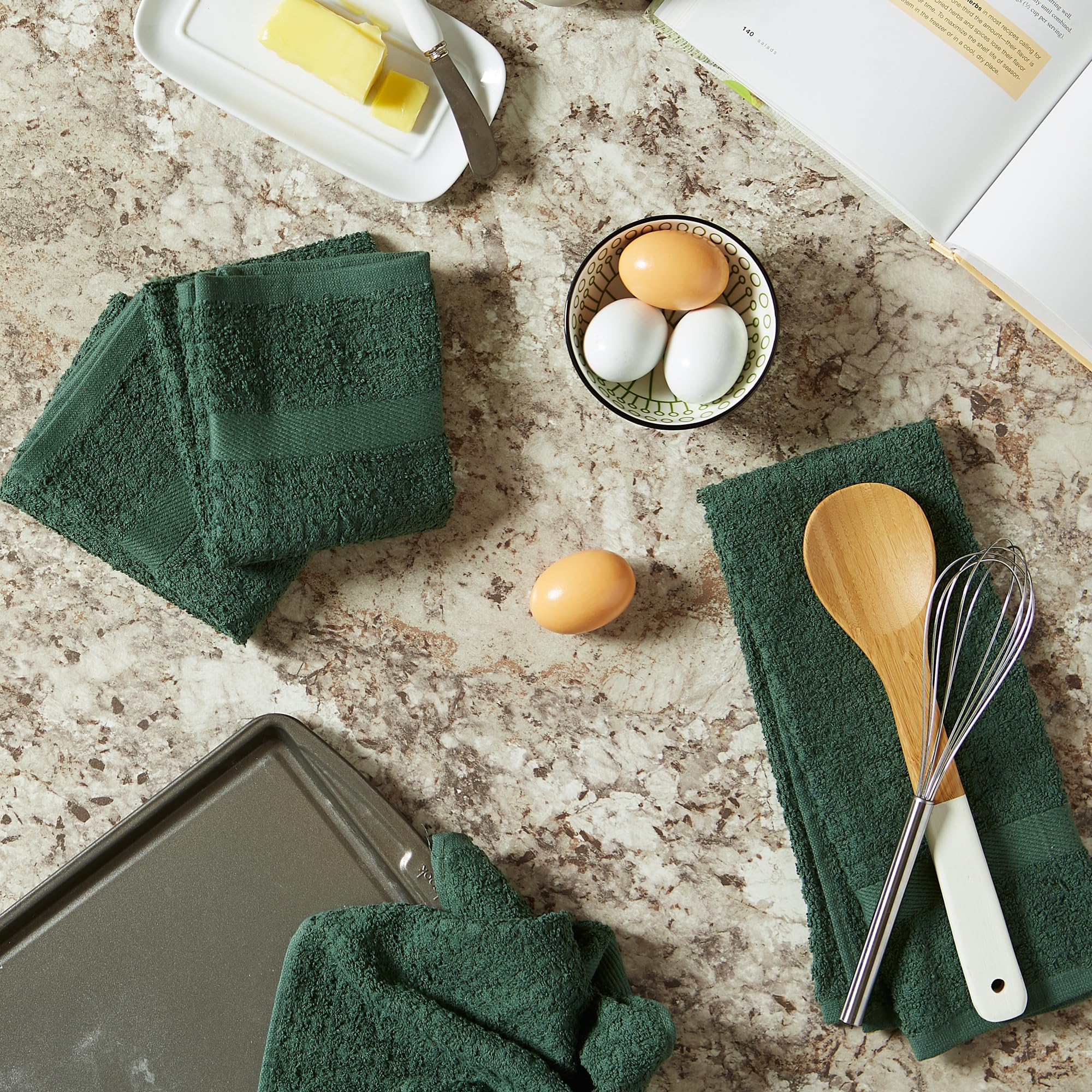 DII Basic Terry Collection Waffle Dishtowel Set - 4-Piece 15x26 Inch Kitchen Towels in Solid Dark Green | Absorbent & Durable for Dish Drying, Hand Wiping & Kitchen Cleaning