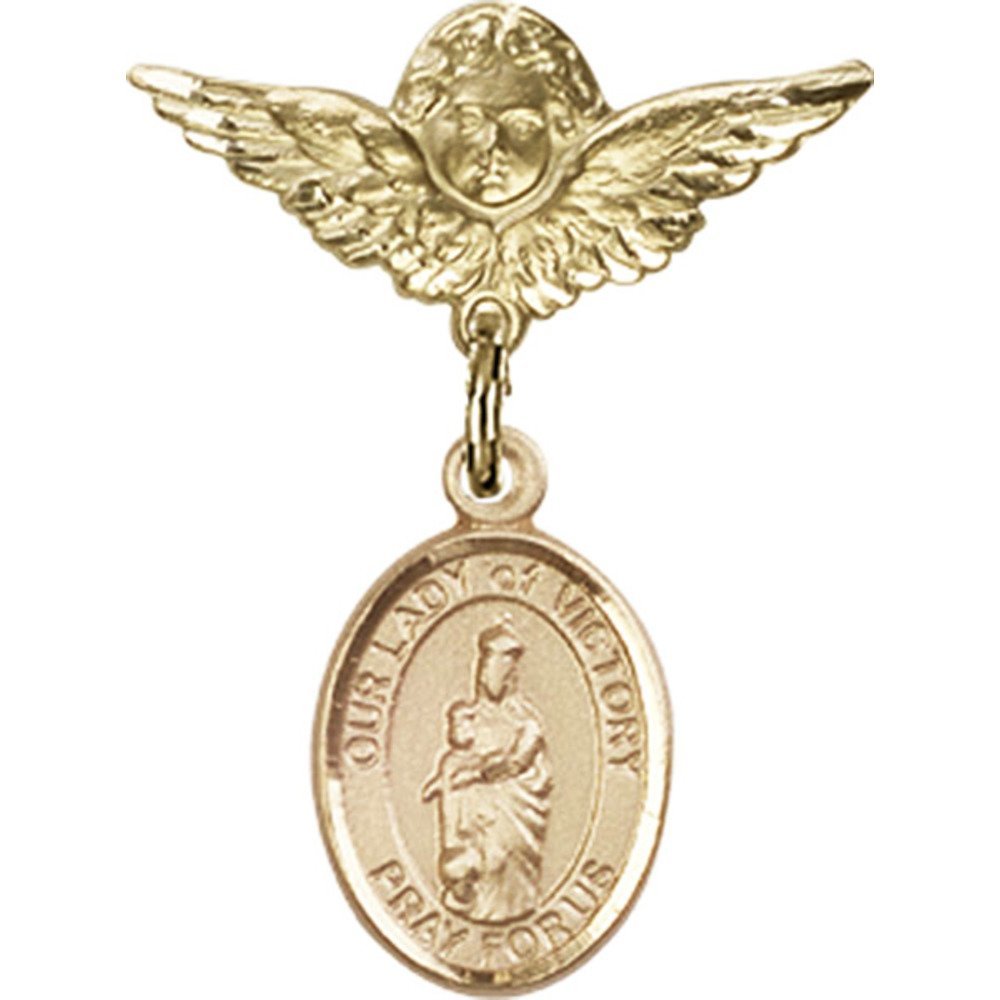 Gold Filled Baby Badge Pin with Our Lady of Victory Charm & Angel Wings - 1 X 3/4 Inch - Perfect for Christening Gifts, Baby Showers & Religious Keepsakes