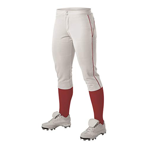 Alleson Athletic Women's Fast Pitch Softball Pants With Belt Loops, White/Scarlet, Medium