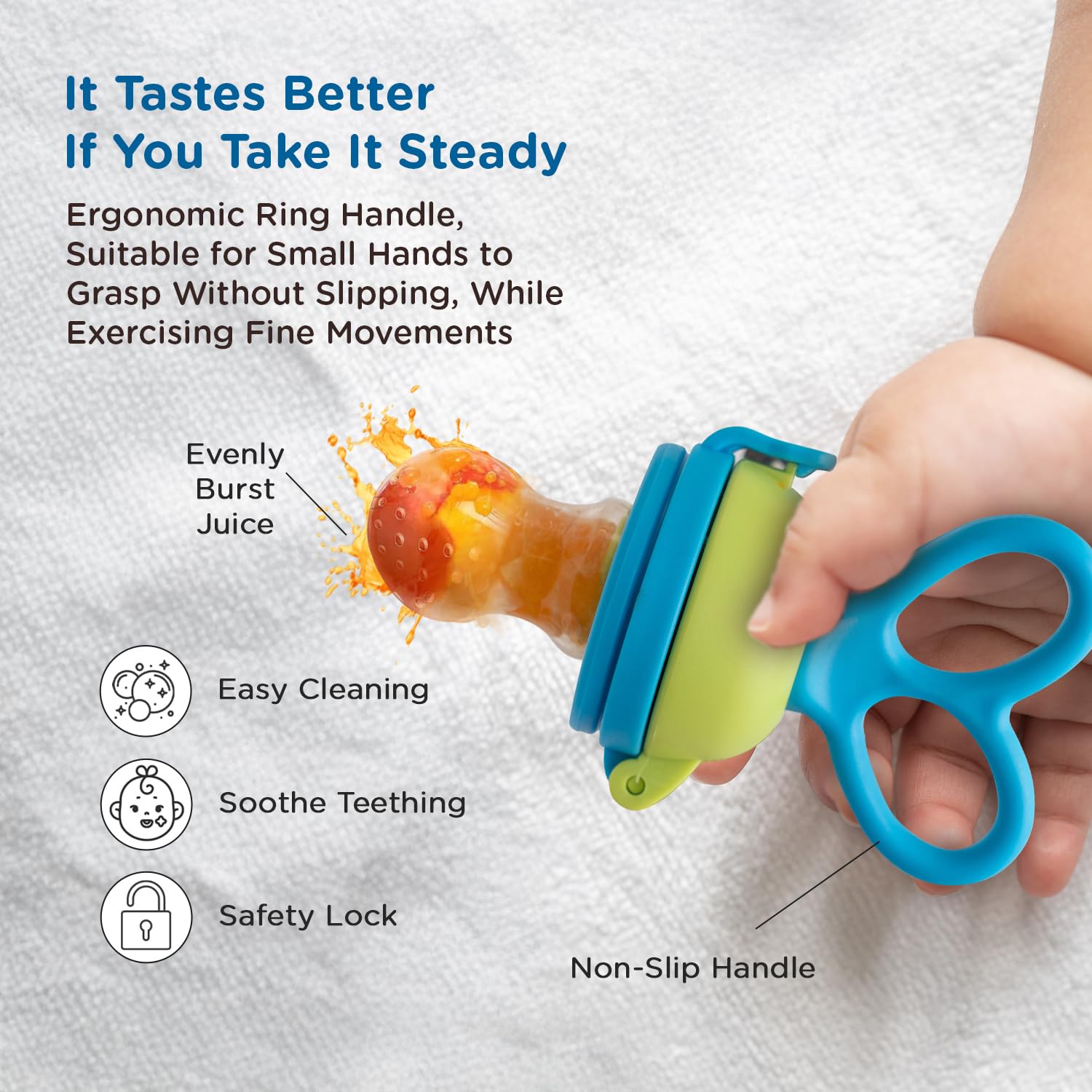 Mee Mee Advanced Baby Fruit & Food Feeder - BPA-Free Silicone Teether for Infants 6-12 Months | Safe Self-Feeding Training Tool with Easy-Grip Handle | Perfect for Introducing Solids, Soothing Teething Pain & On-the-Go Feeding (Blue)