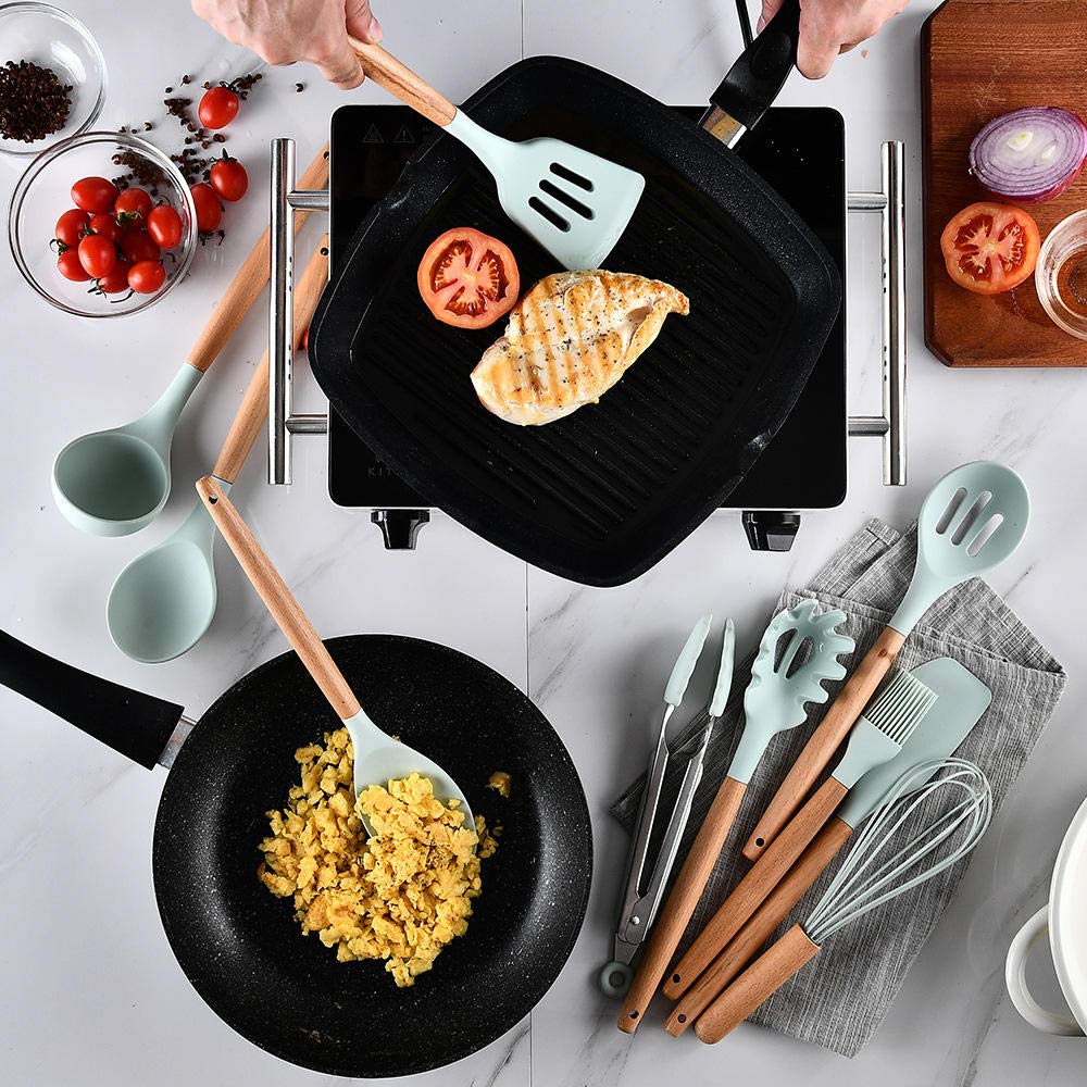 **Heat-Resistant Silicone Cooking Utensils Set - 5-Piece Non-Stick Kitchen Tools Kit in Mint Green | Perfect for Baking, Frying & Everyday Cooking**