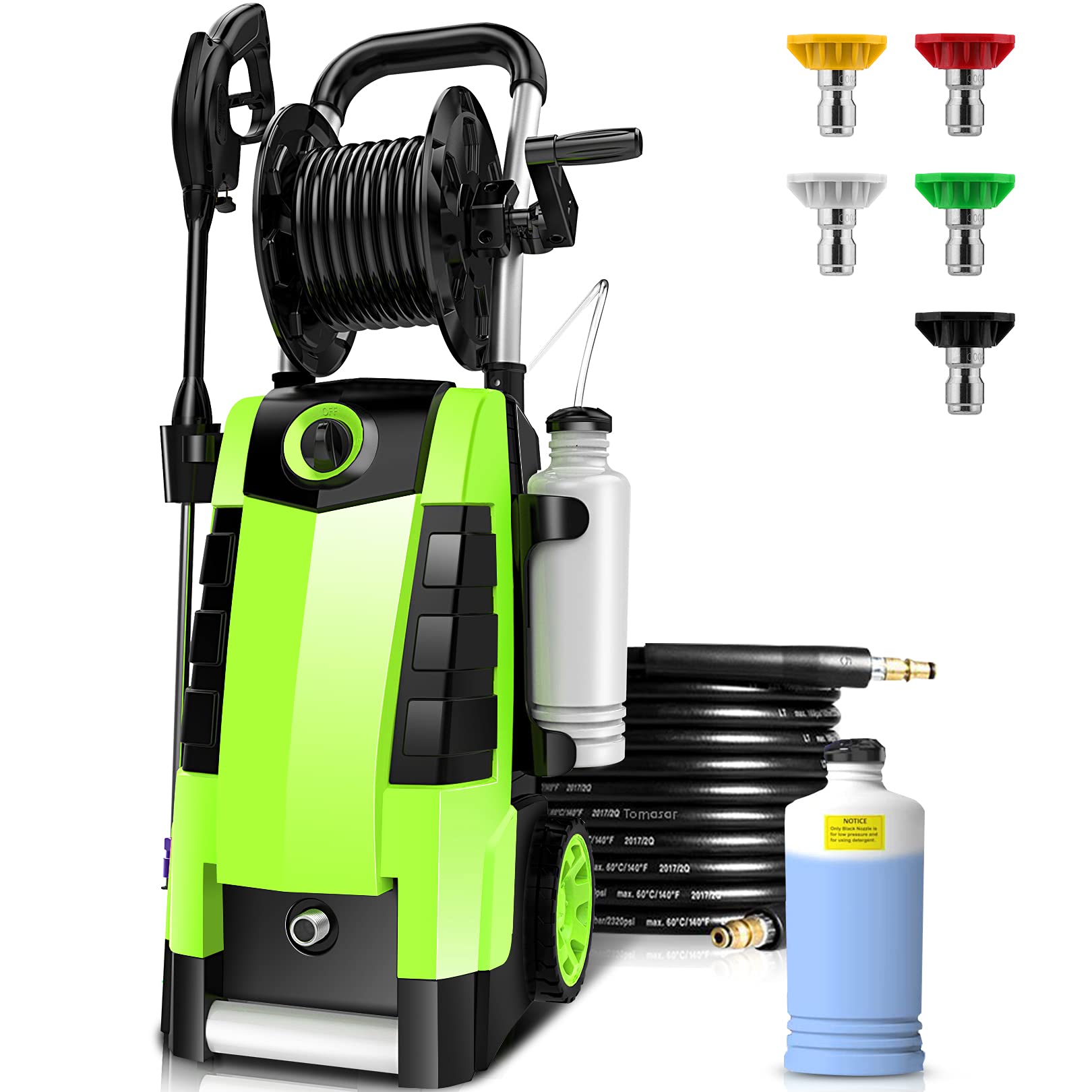 TE3000 1.9GPM 1800W Electric Pressure Washer - Professional High Power Car Wash Cleaner Machine with Hose Reel & 5 Nozzles - Perfect for Cleaning Patio, Garden, Yard, Driveway, Deck, and Vehicles
