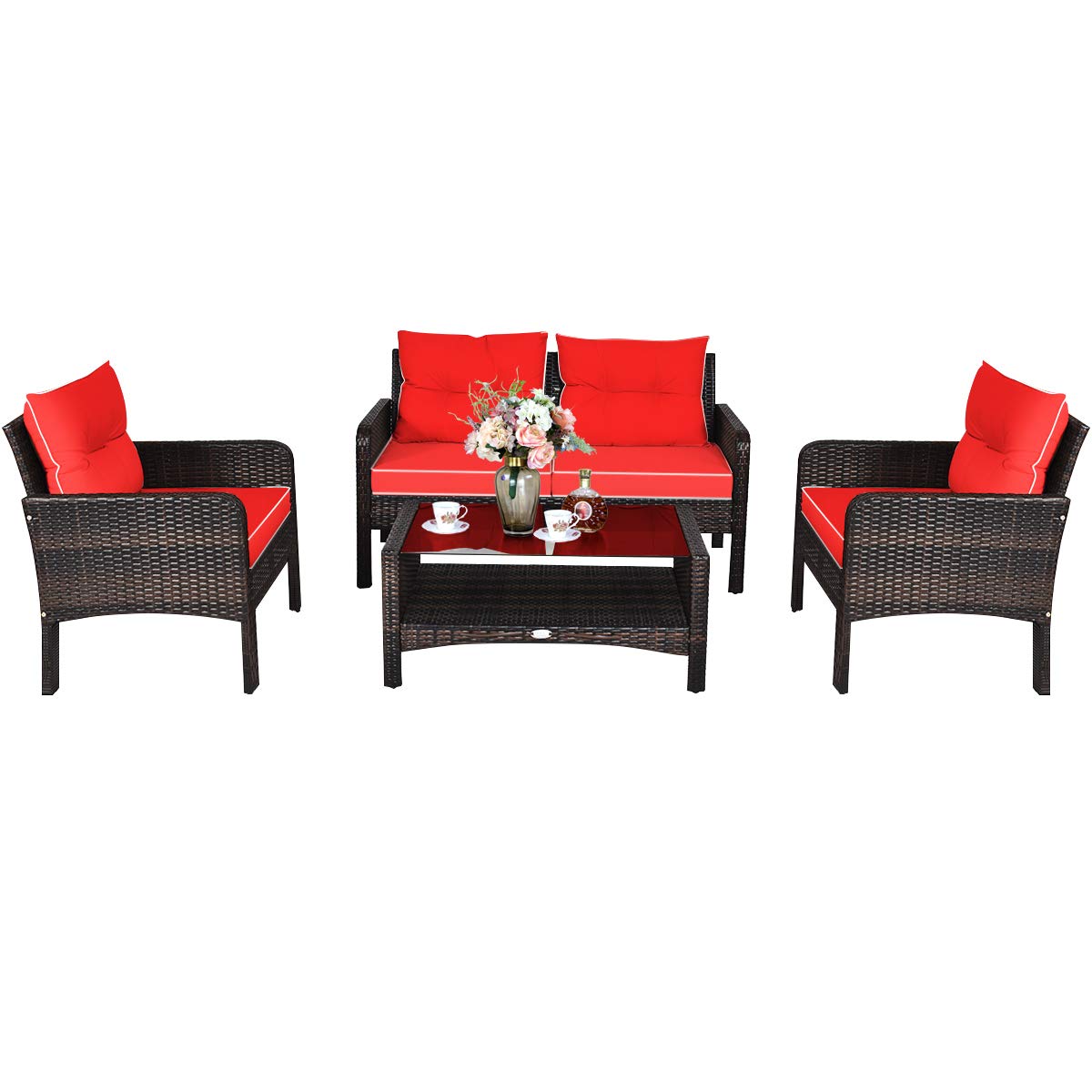 Tangkula 4-Piece Outdoor Patio Furniture Set - All-Weather Wicker Sofa with Glass Top Coffee Table & Thick Cushions - Perfect for Porch, Garden, Poolside, Backyard and Lawn Decor (Red) - Ideal for Relaxing, Entertaining Guests and Outdoor Lounging