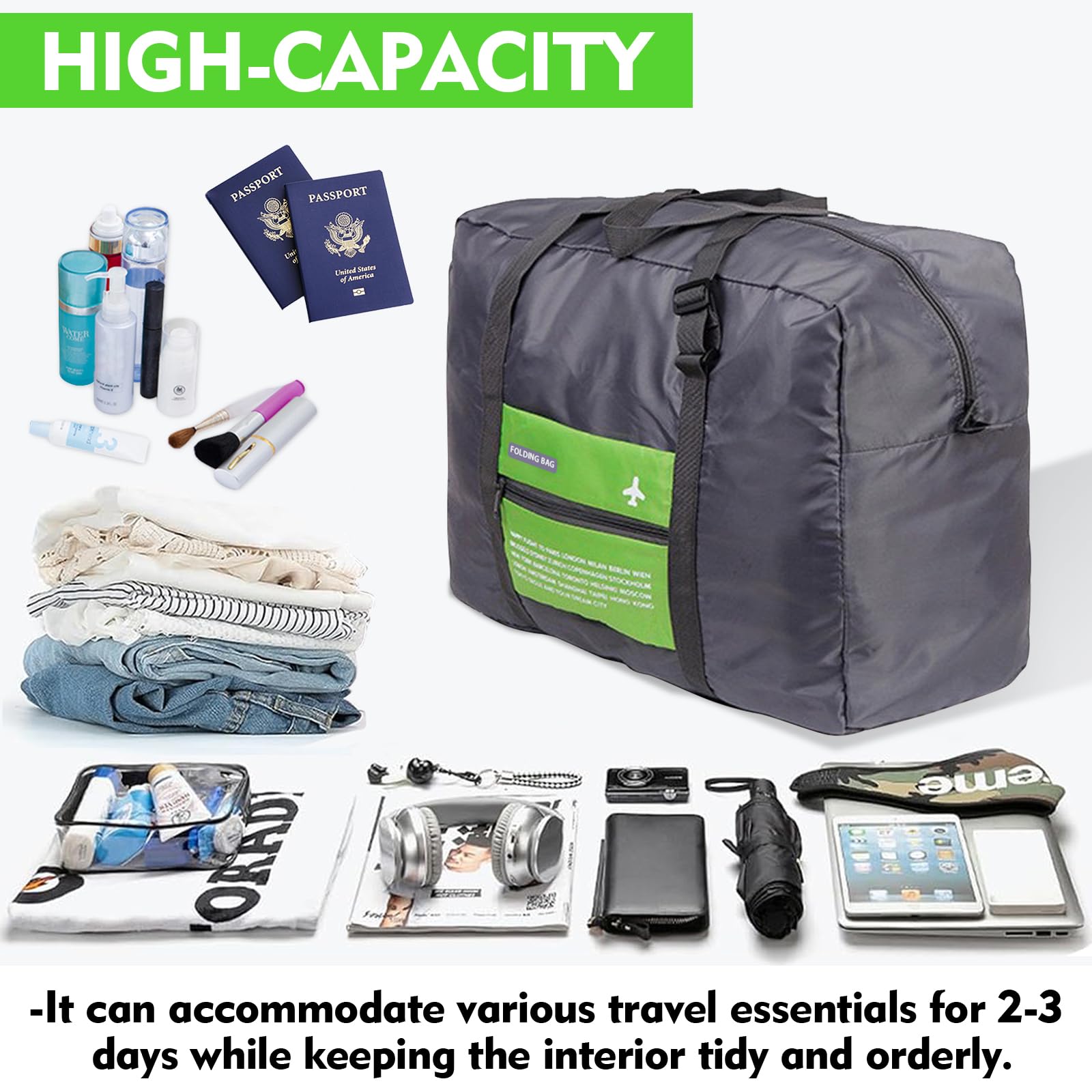 Foldable Travel Duffel Bag - Water Resistant Gym Tote & Carry On Luggage for Sports, Weekend Trips & Overnight Stays - Perfect for Workouts, Travel & Outdoor Adventures