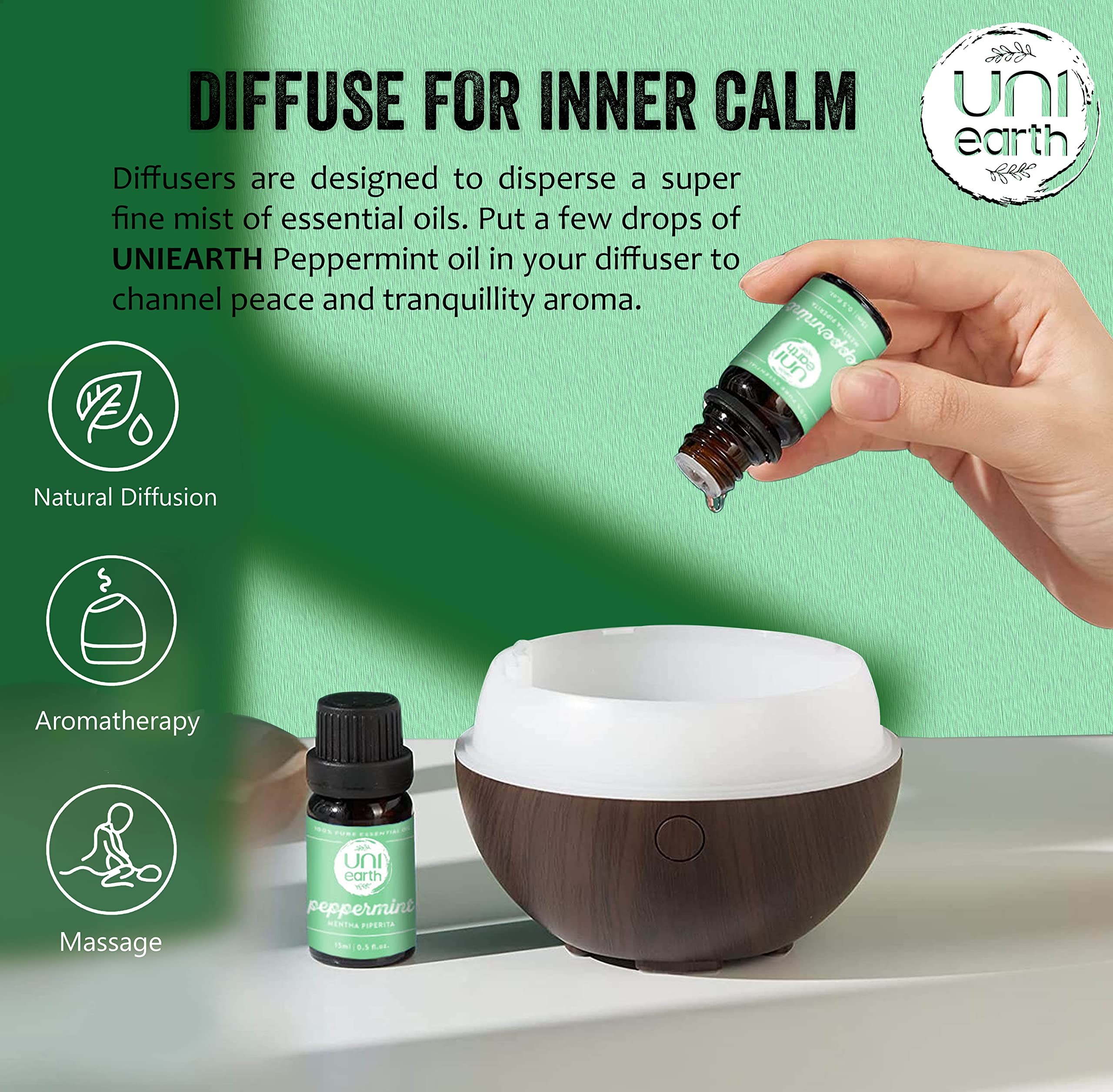 Uniearth 100% Pure Therapeutic Grade Peppermint Essential Oil - 15mL for Skin & Hair Care, Muscle Pain Relief, Acne Treatment & Scalp Nourishment | Aromatherapy, Massage, DIY Beauty & Home Remedies