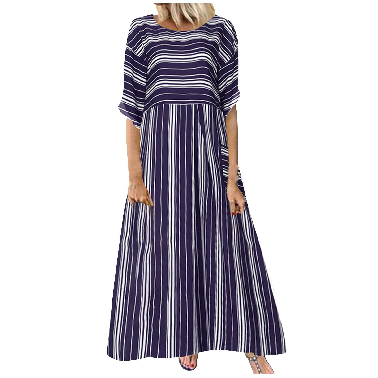 iQKA Women's Summer Midi Dress - Striped Short Sleeve Crewneck Casual Sundress | Beach Vacation, Holiday Party, Outdoor Brunch & Daily Wear