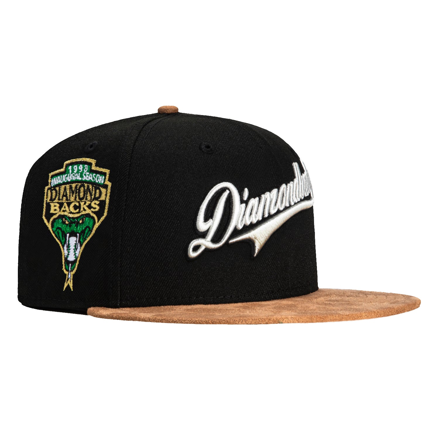 New Era 59Fifty Suede Visor Arizona Diamondbacks Inaugural Patch Script Hat - Black & Tan Baseball Cap for Men | Official MLB Licensed Merchandise | Perfect for Games, Collecting & Fan Apparel