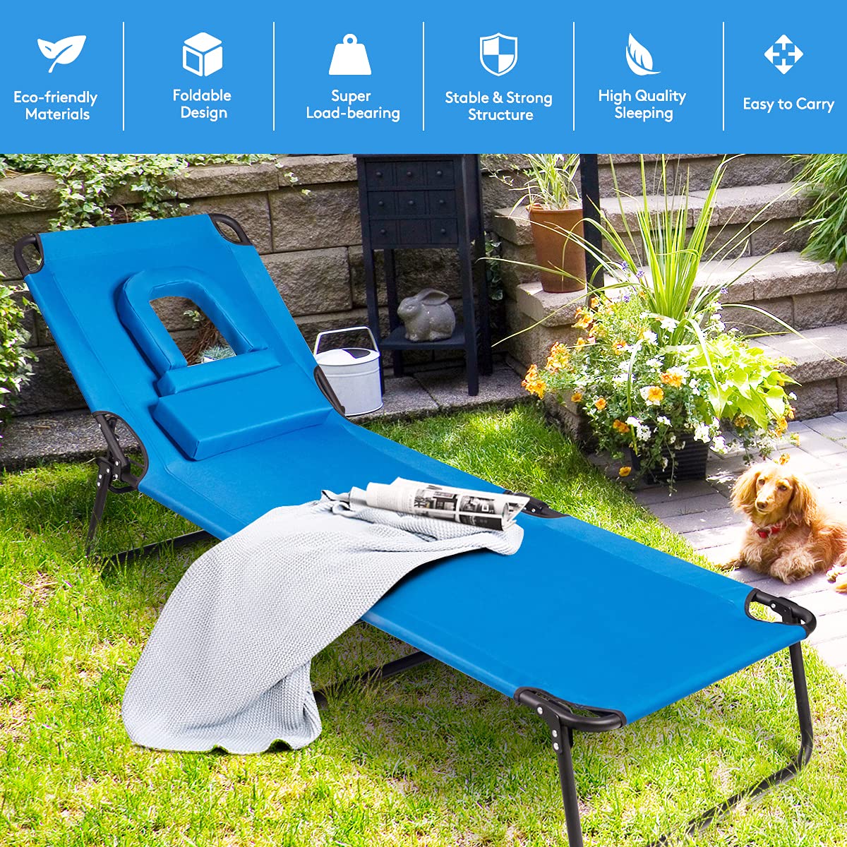 Giantex Adjustable Reclining Beach Lounge Chair with Face Hole - 3 Position Folding Patio Chaise for Sunbathing, Outdoor Relaxation, Poolside & Backyard Use - Lightweight Lawn Chair (Navy Blue)