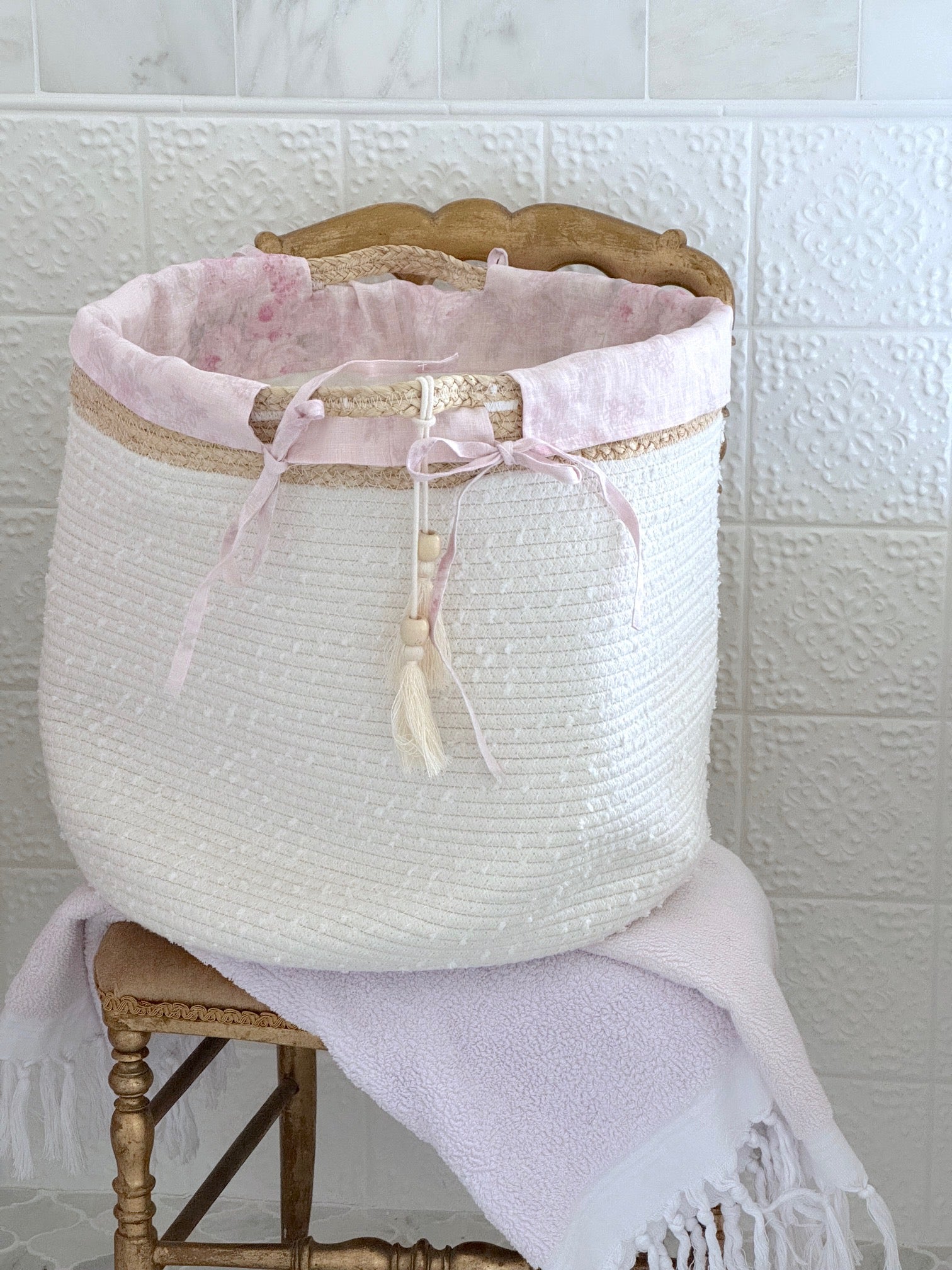 Handwoven Cotton Rope Storage Basket with Floral Ikat Pattern - Eco-Friendly Laundry Hamper for Bedroom, Bathroom & Nursery Organization | Perfect for Clothes, Toys & Home Decor