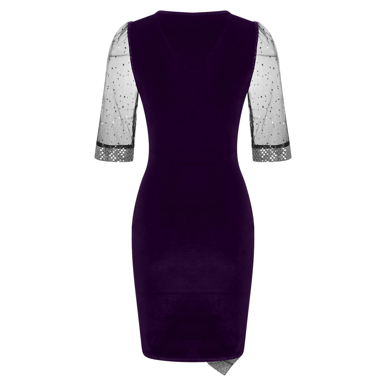 Women's V-Neck Velour Formal Pencil Midi Dress with Mesh 3/4 Sleeves - Perfect for Homecoming, Cocktail Parties & Evening Events