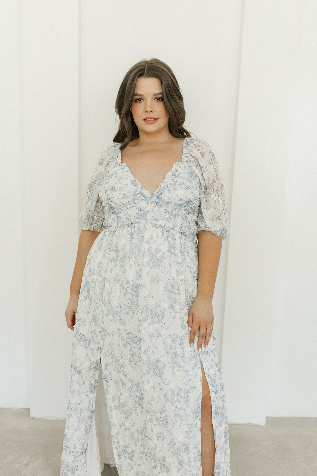 Blue and White Floral Daphne High Slit Eyelet Detail Maxi Dress - Plus Size & Inclusive Sizing - Perfect for Summer Weddings, Beach Vacations & Boho Fashion