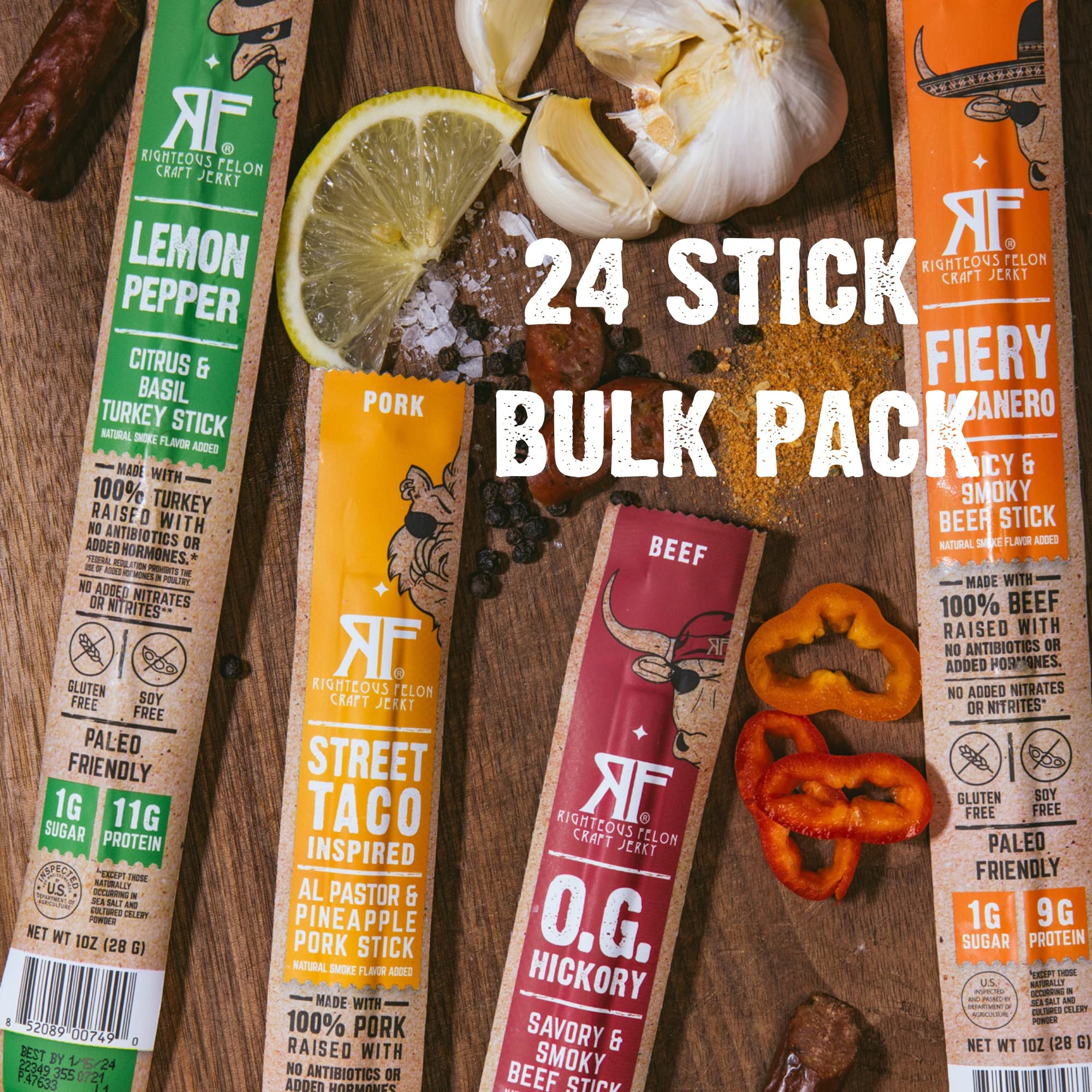 Righteous Felon Meat Sticks Variety Pack - 24 Pack | Gluten Free, Keto, Low Sugar & High Protein Healthy Snacks | Turkey, Pork & Beef Jerky Sticks for Adults | Perfect for Hiking, Camping, Office Snacks & Gifts for Men