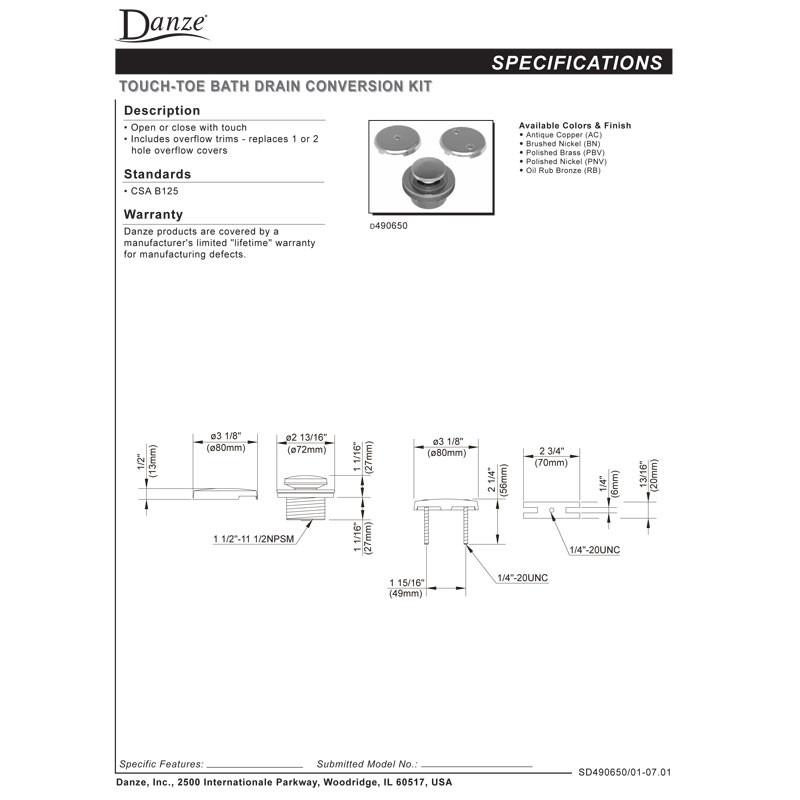 Danze Oil Rubbed Bronze Touch Toe Push Down Bath Tub Drain & Overflow Cover Kit - Durable Brass Construction for Leak Prevention - Perfect for Bathroom Renovation & Luxury Spa Experience