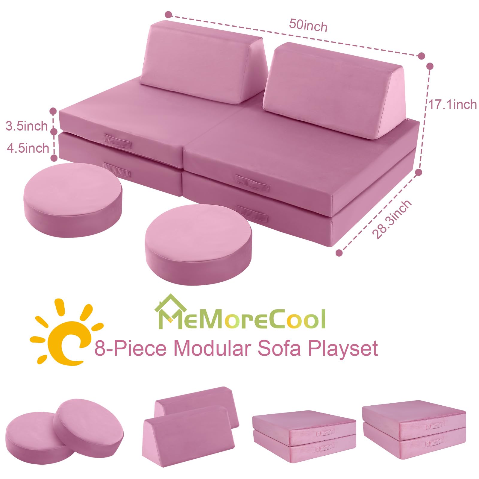 MeMoreCool 8-Piece Modular Kids Play Couch - Convertible Foam Toddler Sofa Set for Playroom & Nursery, Soft Pink Play Furniture for Indoor Playtime & Reading Nook