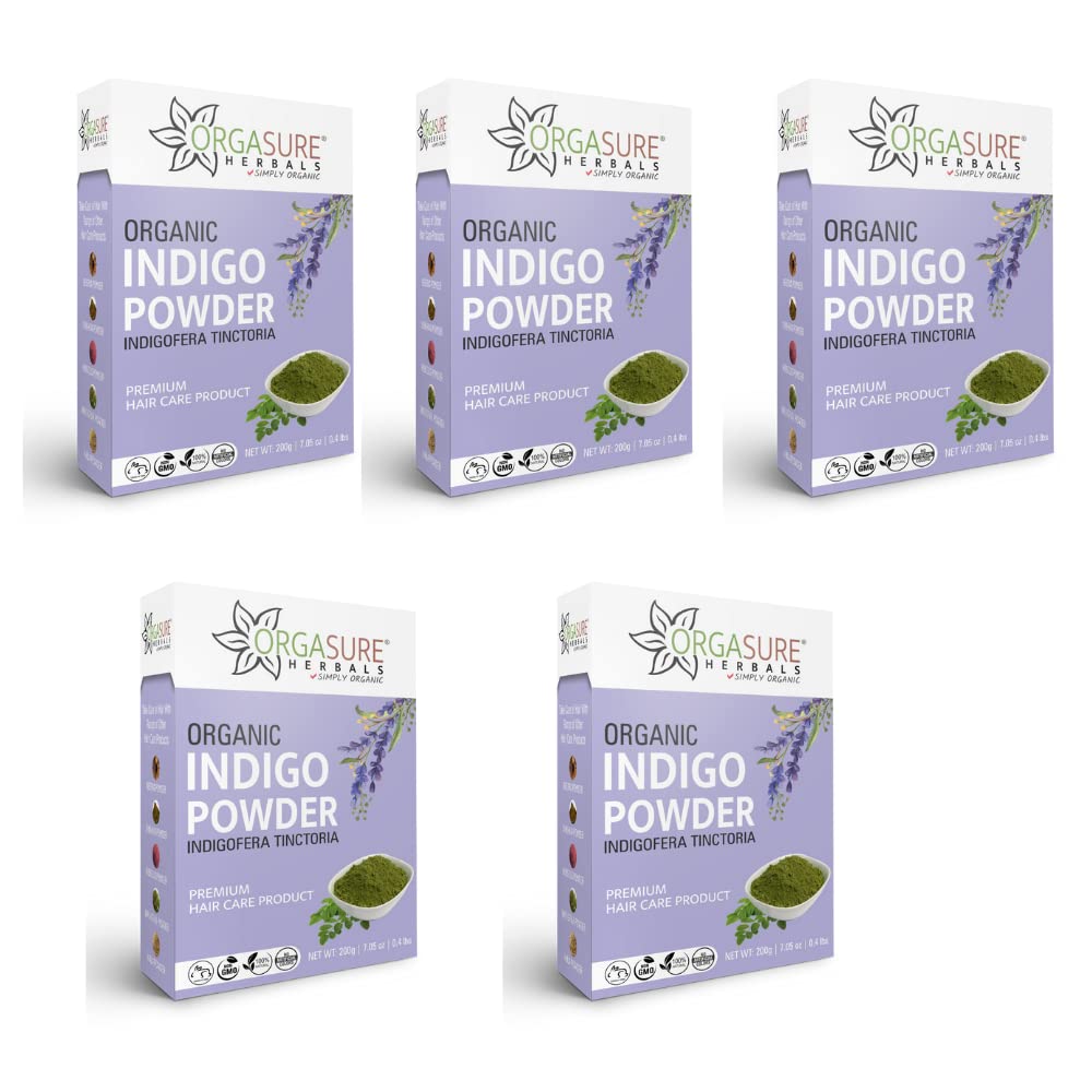 ORGASURE Natural Indigo Powder for Black Hair Dye | 100% Pure Herbal Hair Color | Indigofera Tinctoria Leaves Powder | Neel Patti for Gray Coverage & Hair Darkening | 1kg (5x200g) Pack | Perfect for DIY Hair Coloring at Home & Salon Use