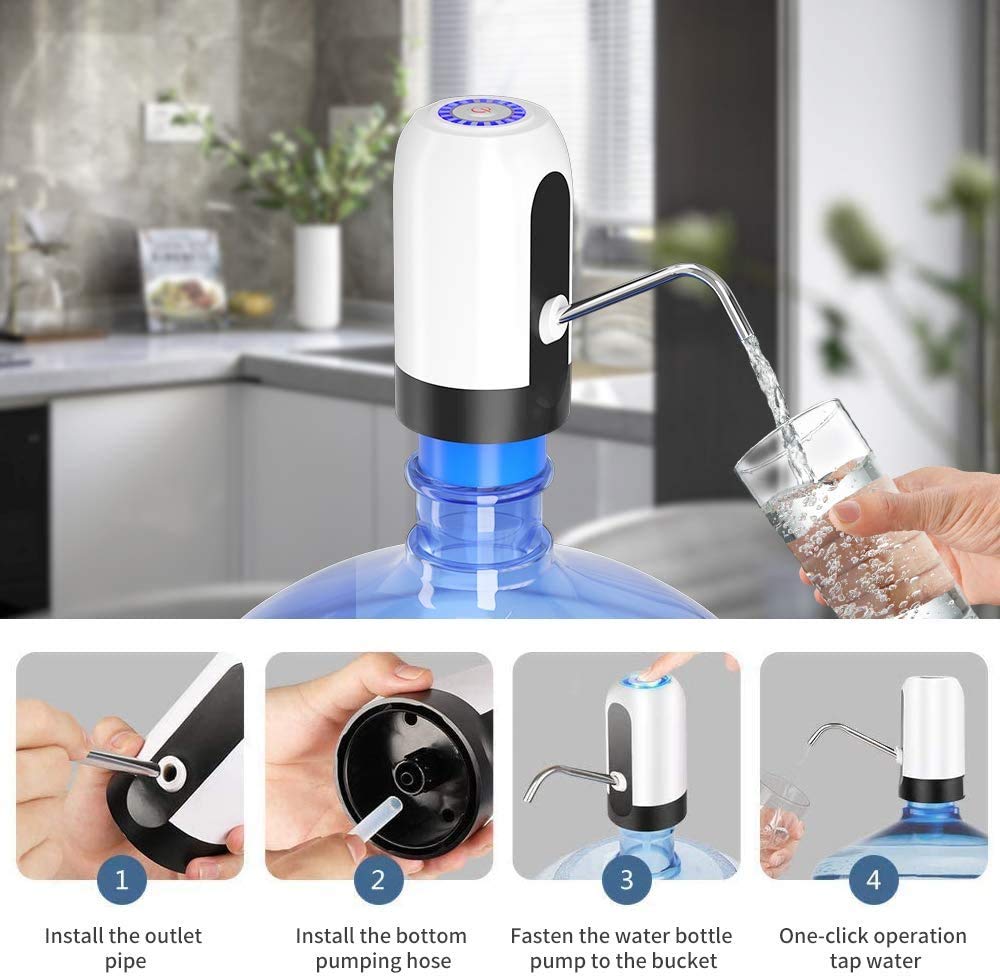 VASLON Electric Water Bottle Pump - Portable USB Charging Automatic Water Dispenser for 5 Gallon Bottles - Ideal for Home, Office, Camping & Travel (White)
