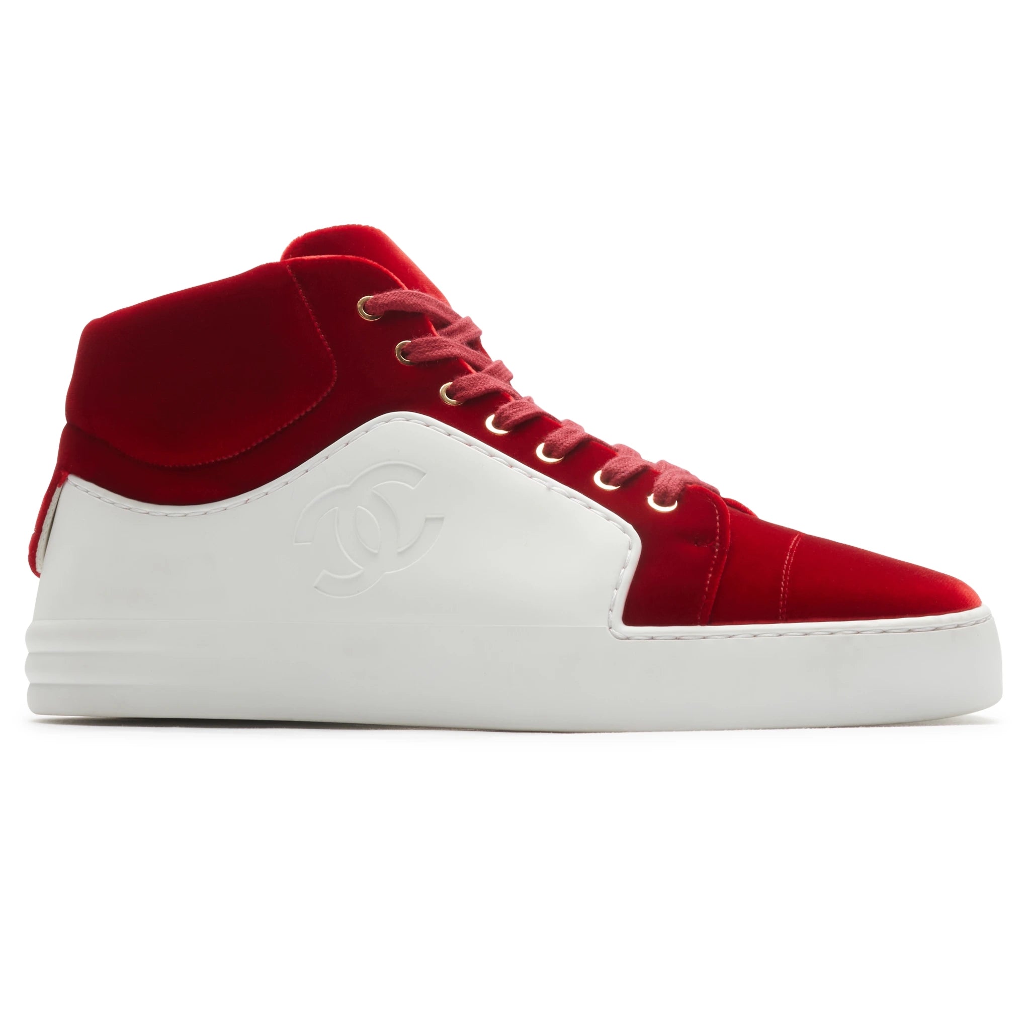 Chanel CC High White Red Velvet Sneakers - Authentic Preloved Luxury Shoes for Women | Perfect for Casual Outfits, Date Nights & Fashion Events