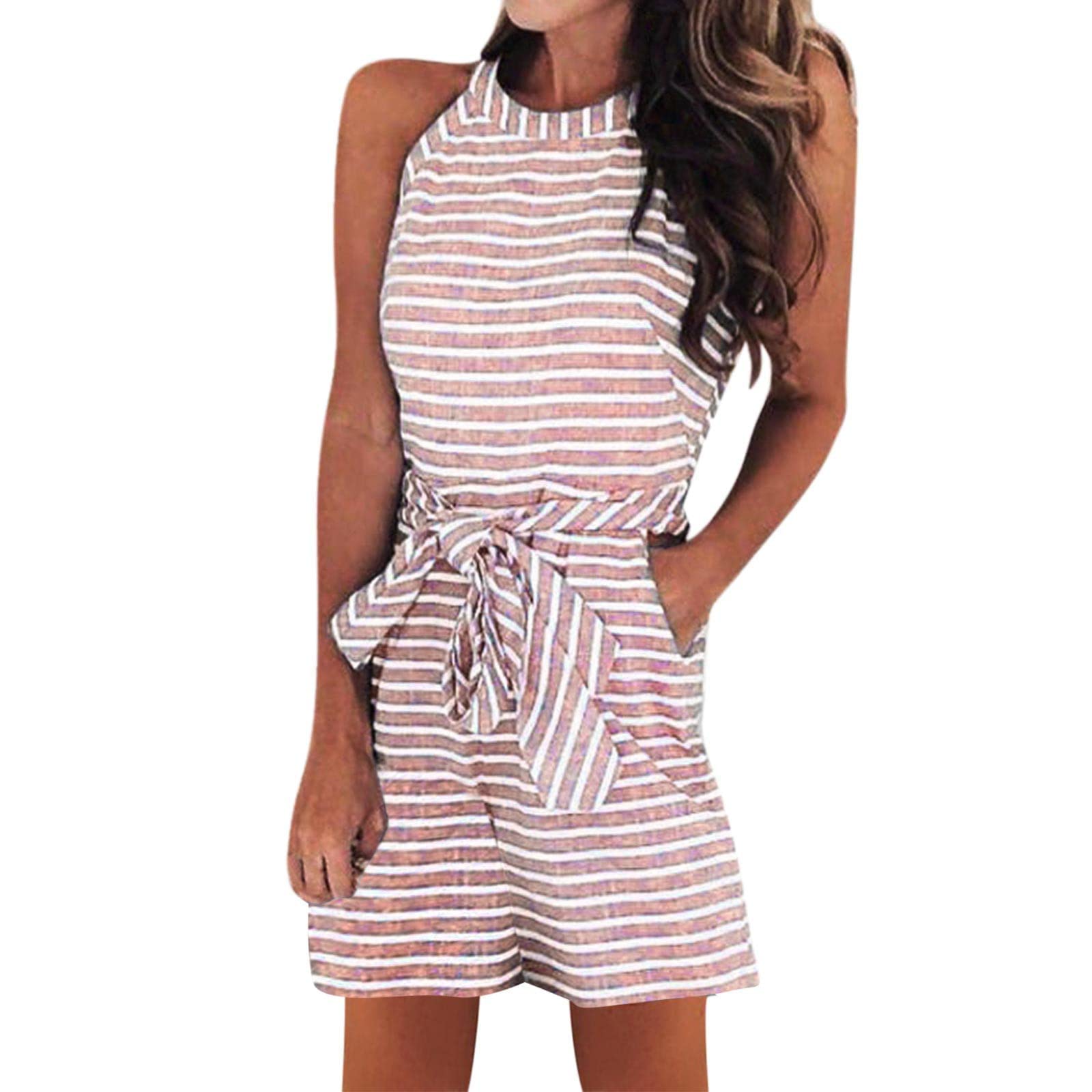 Women's Summer Casual Striped Sleeveless Romper - Short Jumpsuit with Round Neck & Lacing Detail - Perfect for Beach Outings, Vacation Wear & Casual Summer Fashion