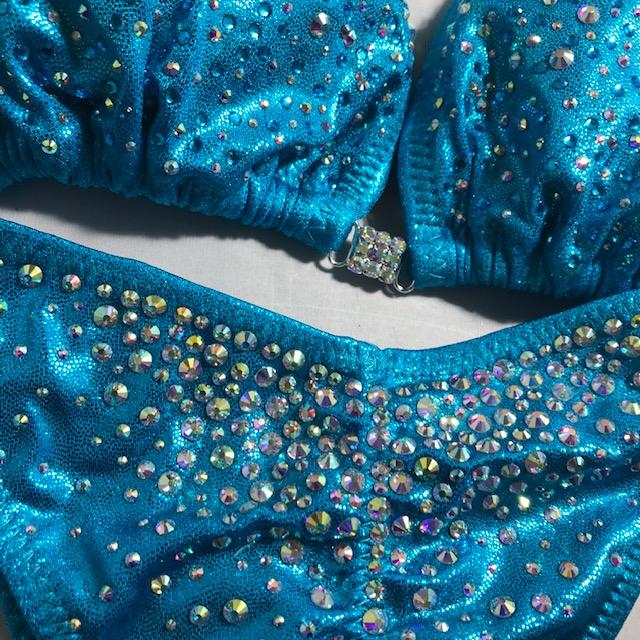 Competition Bikini Suit - Turquoise Burst Crystal Rhinestone Posing Bikini for Women | Stage Performance, Bodybuilding, Fitness Shows, Swimwear, Beachwear