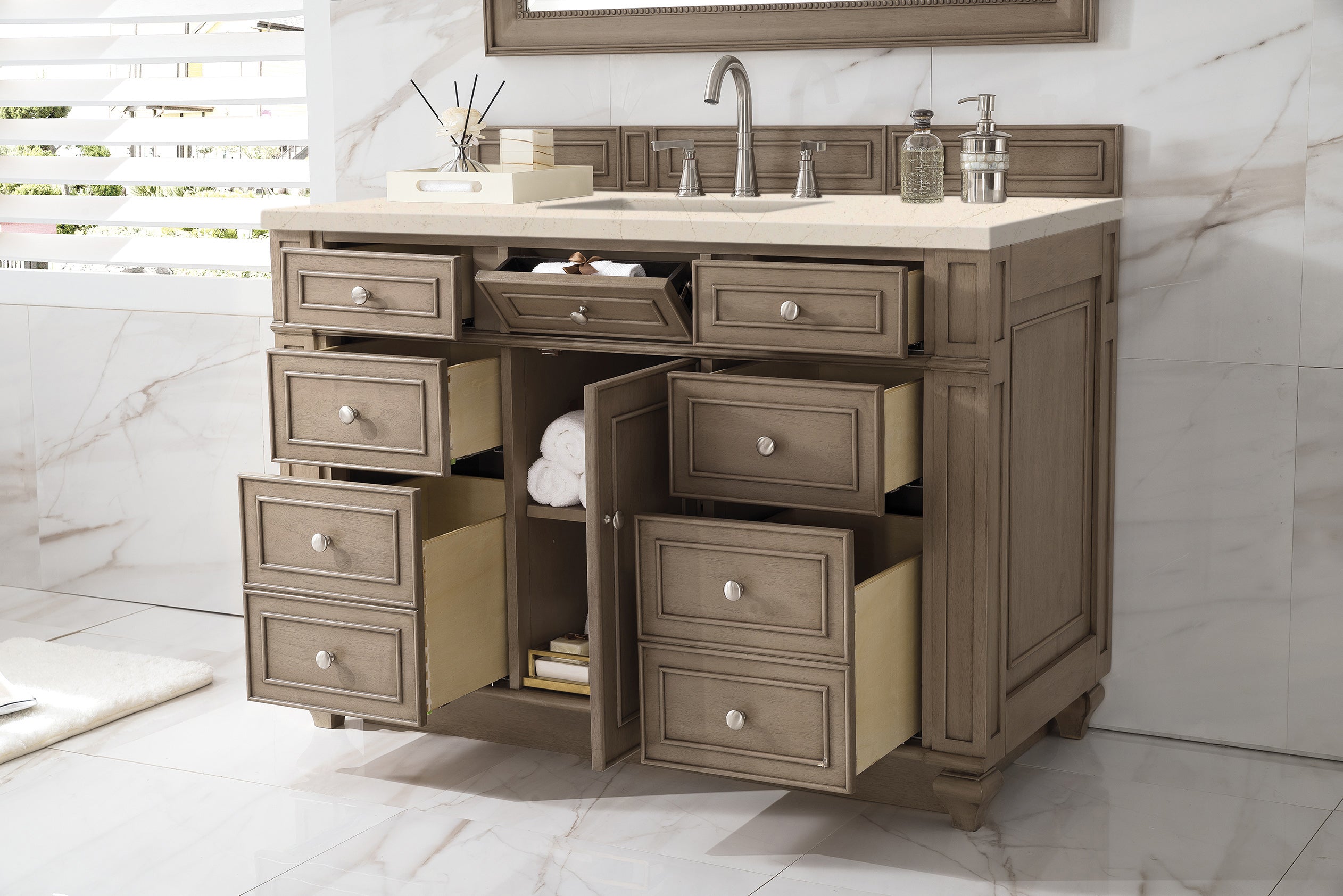 Bristol 48 Inch Single Bathroom Vanity Set with Whitewashed Walnut Finish & 3CM Eternal Marfil Quartz Countertop - Perfect for Modern Farmhouse, Coastal, or Transitional Bathroom Designs