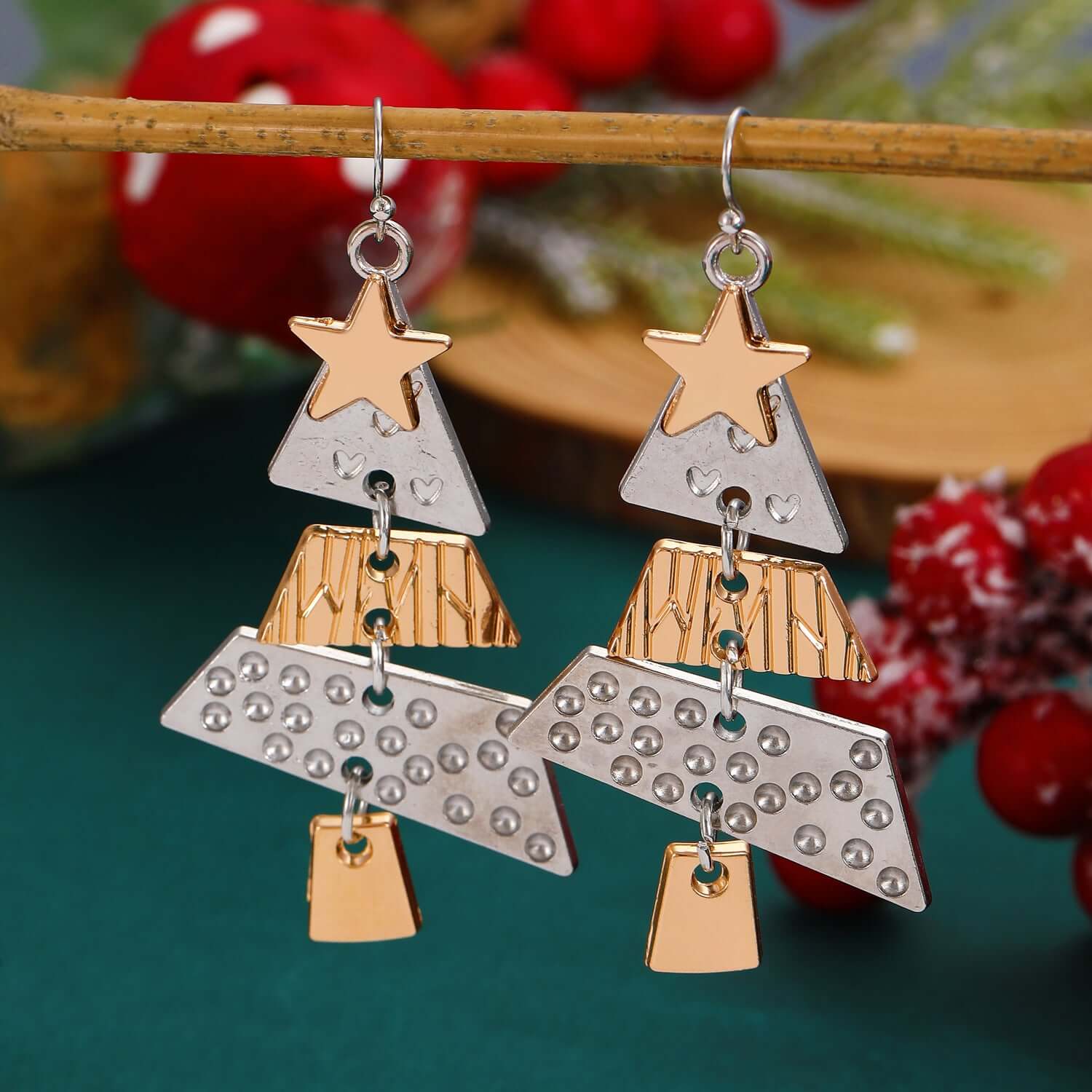 Christmas Tree Xmas Star 2-Tone Dangle Earrings for Women | Holiday Party Jewelry Gift | D1248 | Perfect for Christmas Celebrations & Festive Outfits