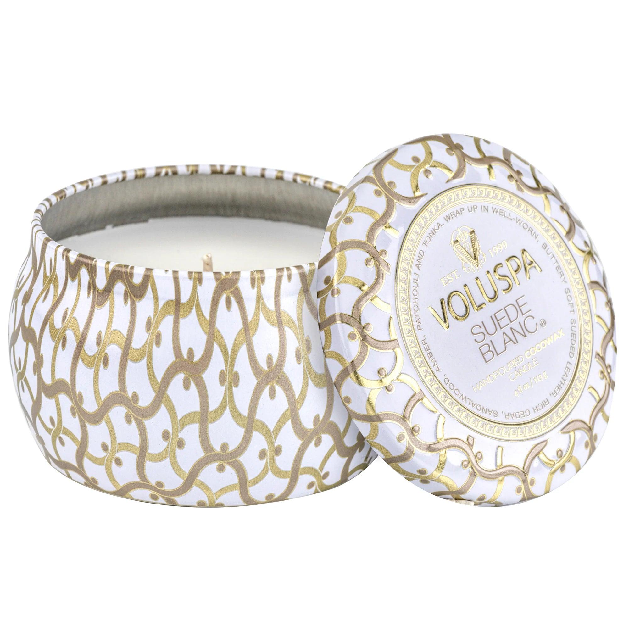 Premium Suede Blanc Mini Tin Candle - 4oz Scented Soy Wax Candle for Home, Bathroom & Relaxation - Romantic Gift for Her, Aromatherapy & Meditation Essential